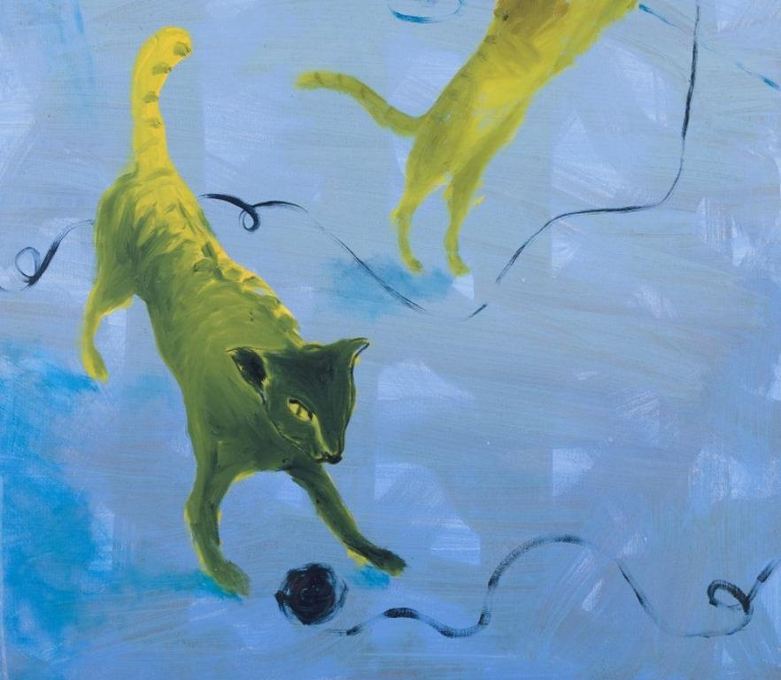 Bjørn Eriksen, artiste danois contemporain. Huile sur toile. Chats en train de jouer Excellent état - En vente à Copenhagen, DK