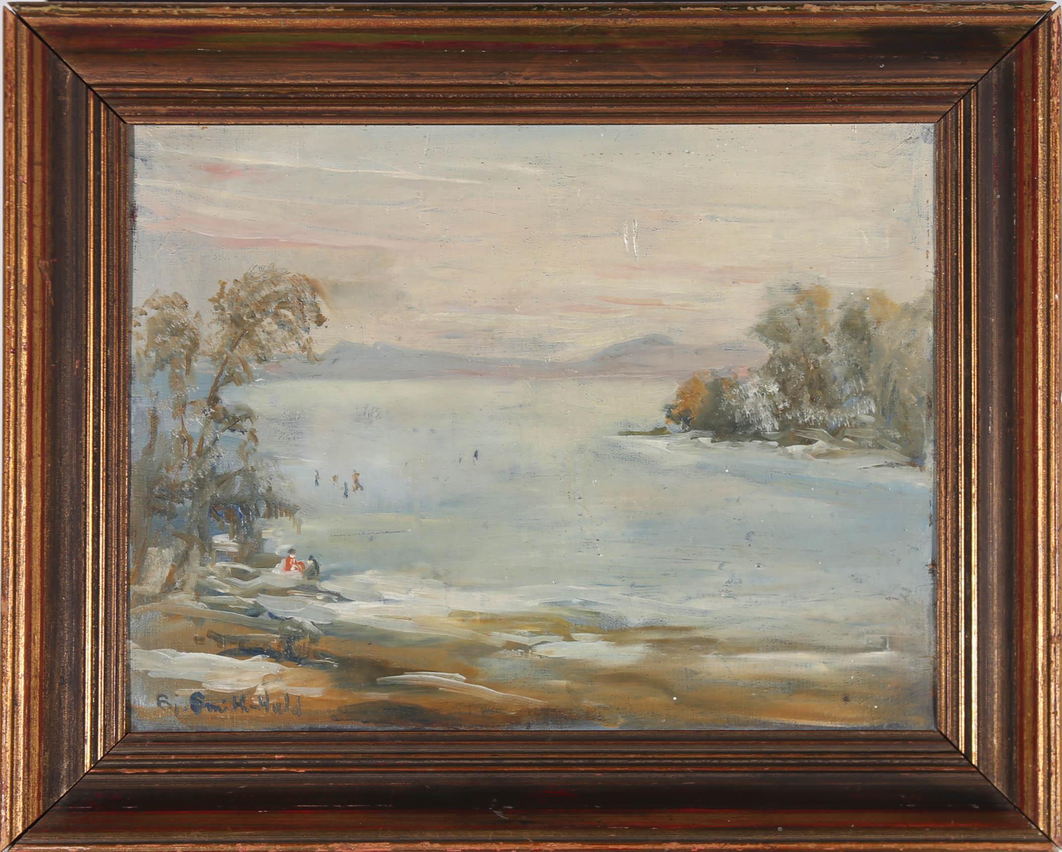 A charmingly naive landscape by the Norwegian artist, Bjorn Smith-Hald. The artist has signed to the lower left and the painting has been presented in a distressed gilt frame. On canvas board.
