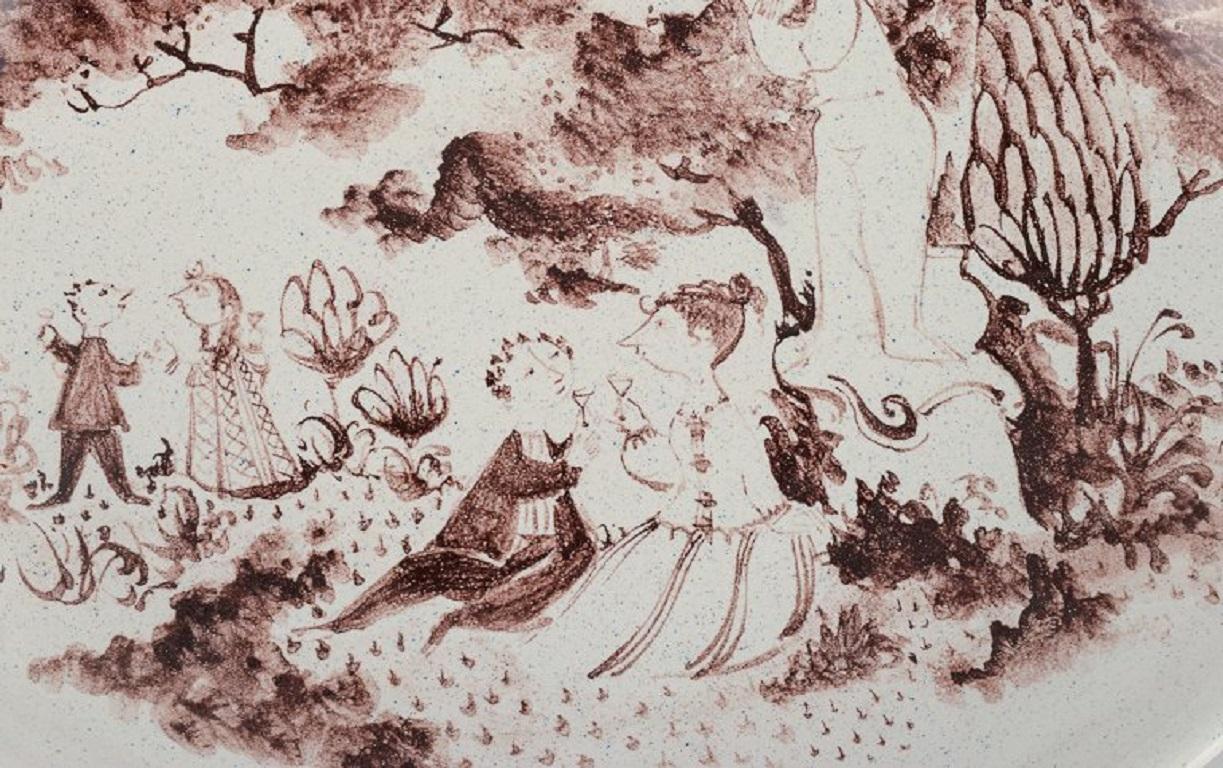 Peint à la main Bjørn Wiinblad, ancien plat unique peint à la main et décoré d'un paysage romantique en vente