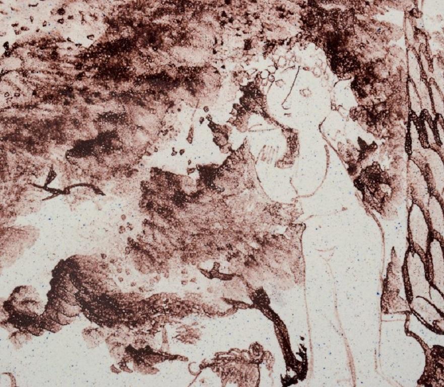 Milieu du XXe siècle Bjørn Wiinblad, ancien plat unique peint à la main et décoré d'un paysage romantique en vente