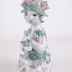Statuetta di Bjørn Wiinblad n. 93 in ceramica verde e rosa con motivo floreale