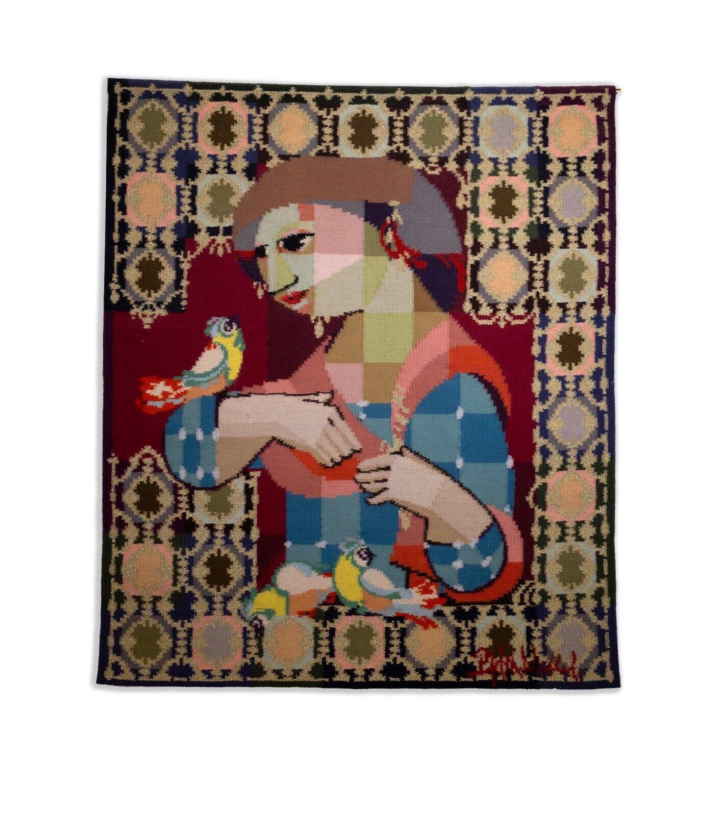 A whimsical illustrative figurative densely woven hanging tapestry titled 