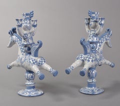 Bjørn Wiinblad, Pair of Large Blue/White Horseback Rider Candlestick in Faience