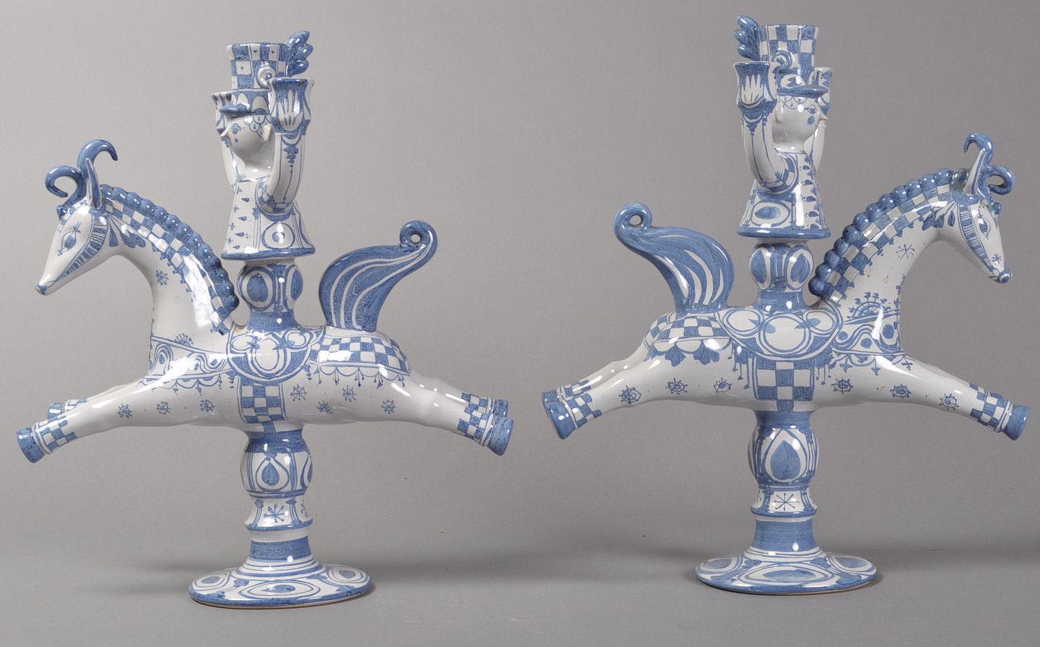 Gustavian Bjørn Wiinblad, Pair of Large Blue/White Horseback Rider Candlestick in Faience For Sale