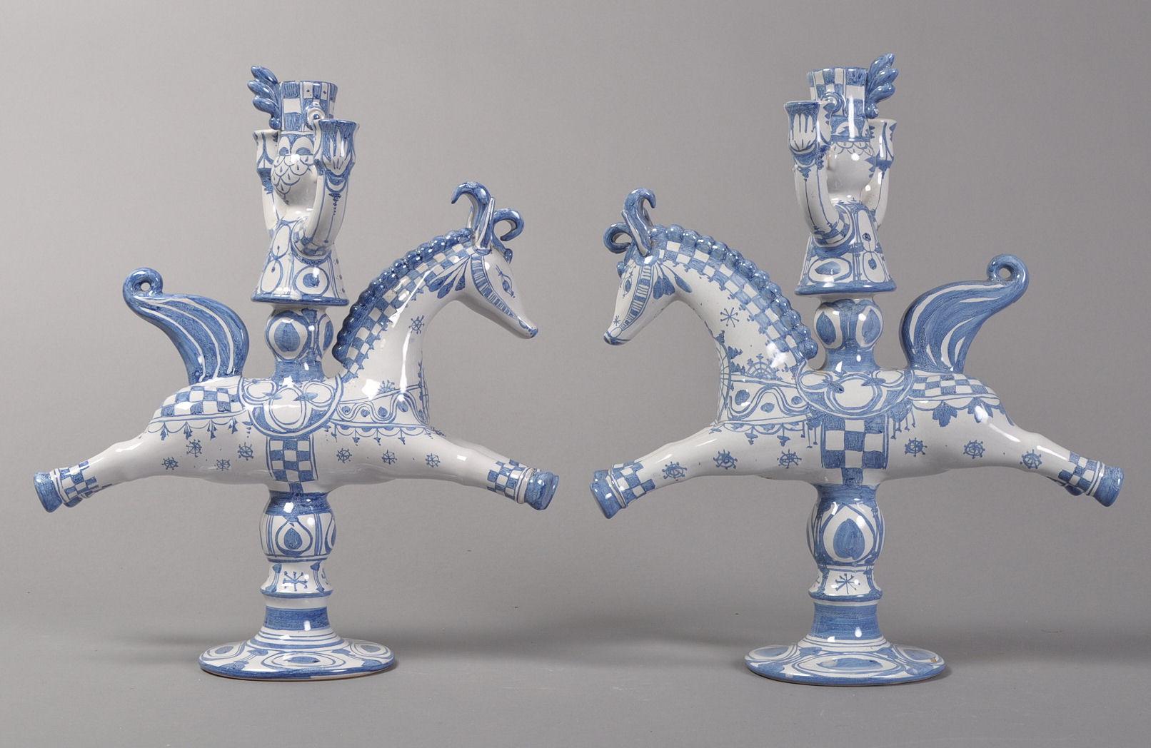 Danish Bjørn Wiinblad, Pair of Large Blue/White Horseback Rider Candlestick in Faience For Sale