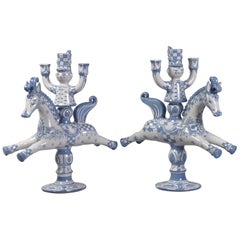 Vintage Bjørn Wiinblad, Pair of Large Blue/White Horseback Rider Candlestick in Faience