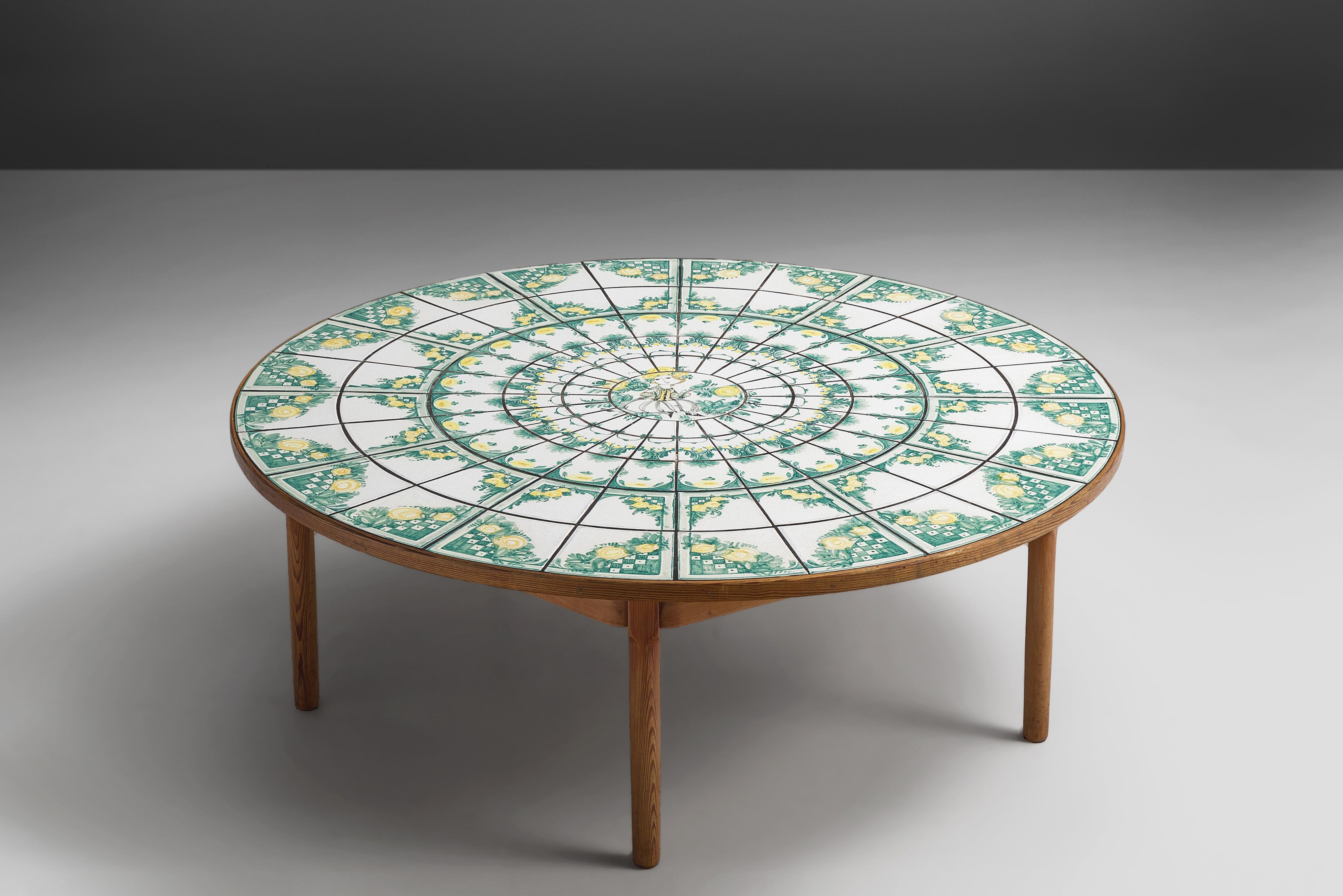 Bjørn Wiinblad, coffee table, ceramic tiles, wood, Denmark, 1970s

This ceramic coffee table is decorated with hand painted ceramic tiles in twining vines, floral wreaths and trees in green and white. In the center a human figure decorates the top.