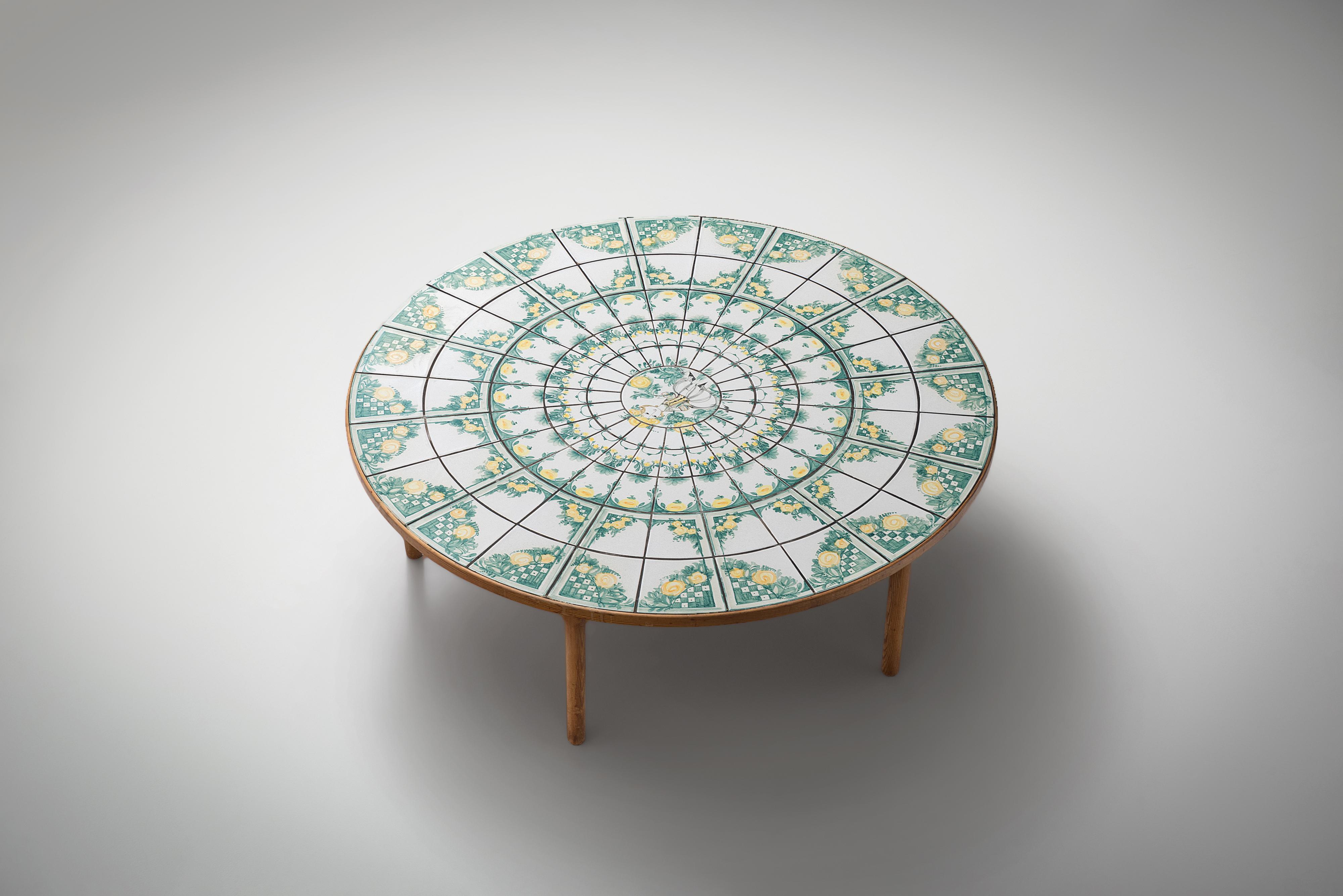 Danish Bjørn Wiinblad Round Coffee Table with Ceramic Tiles
