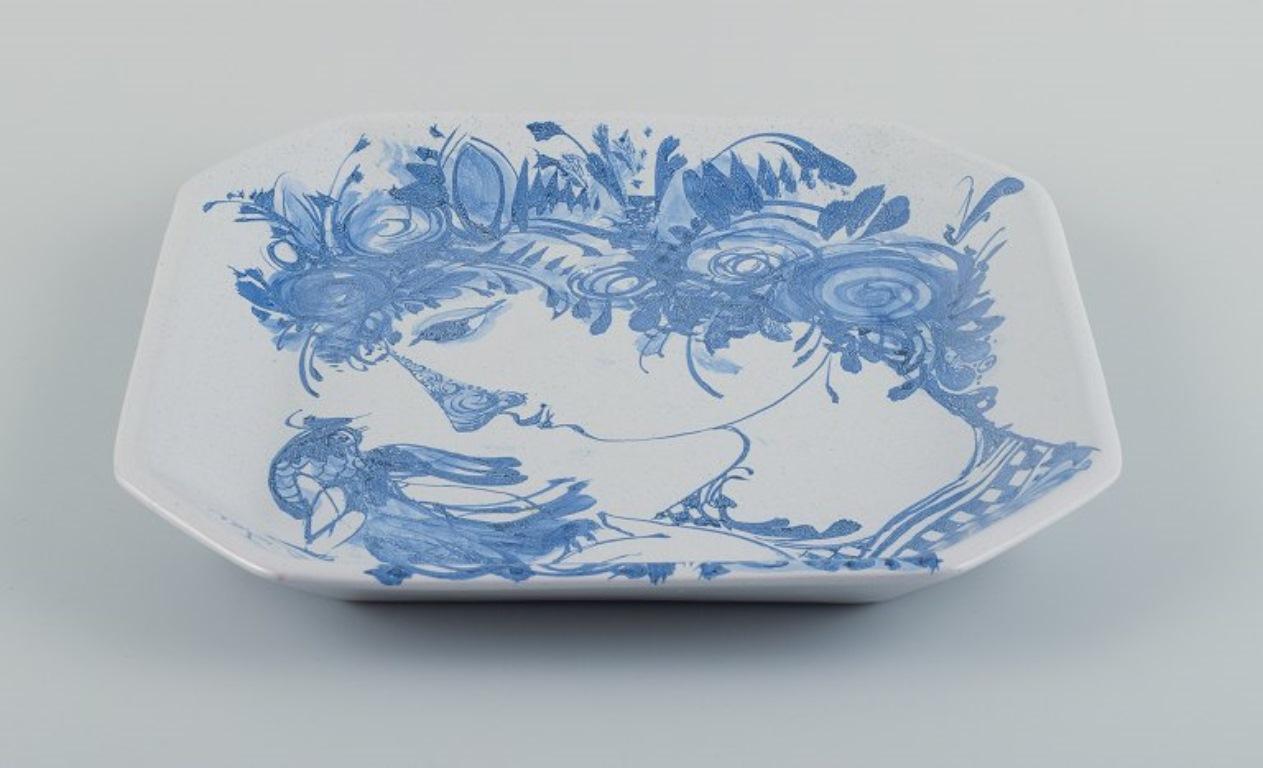 Hand-Painted Bjørn Wiinblad, the Blue House, Square Bowl with Motif of Woman and Bird For Sale