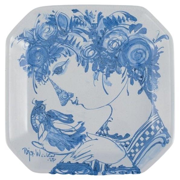 Bjørn Wiinblad, the Blue House, Square Bowl with Motif of Woman and Bird For Sale