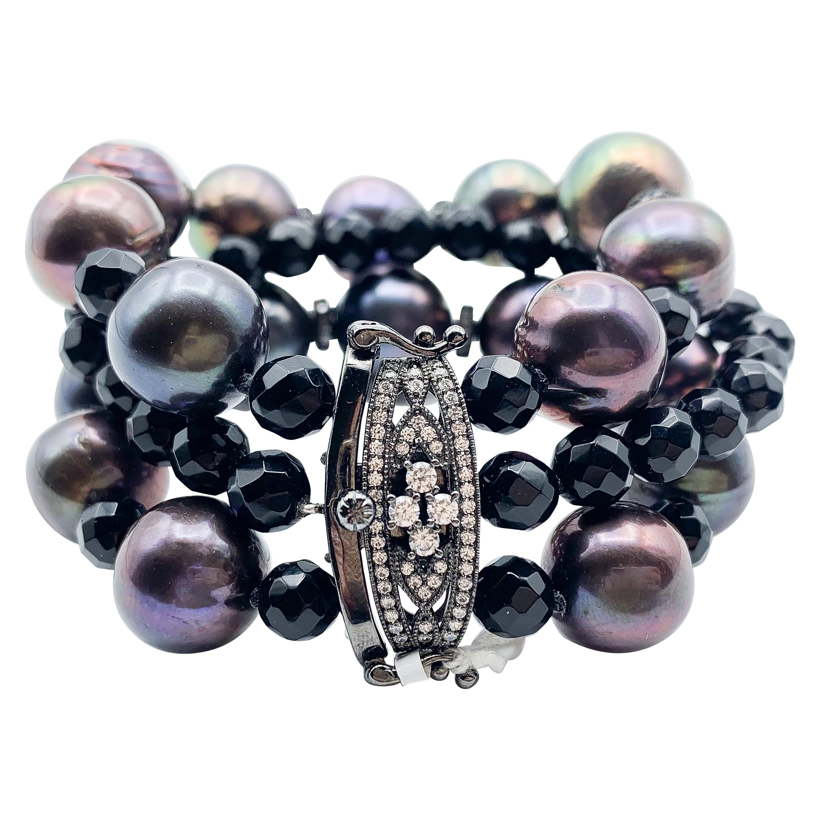 Bk-rhodium and Black Onyx Beaded Pearled Bracelet 