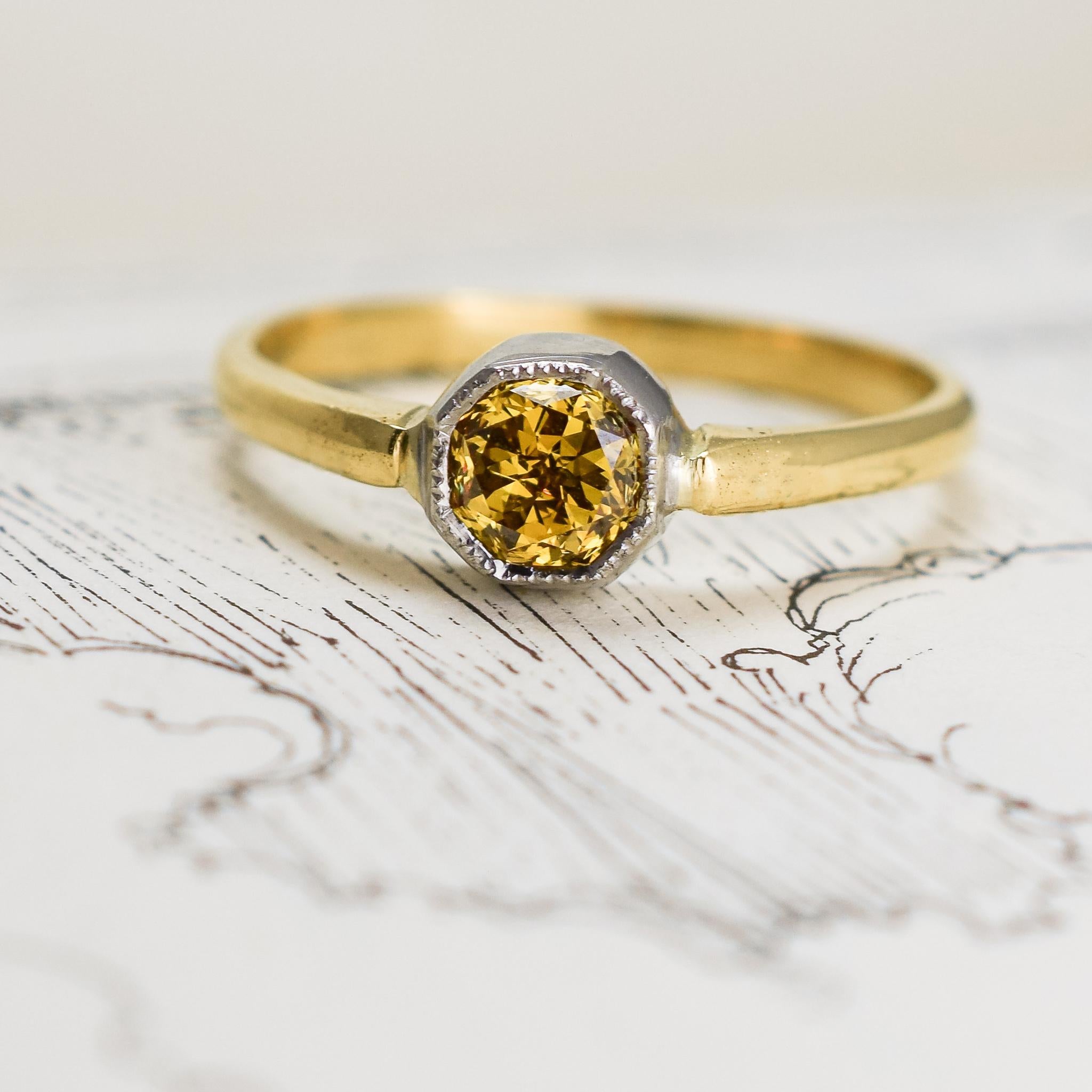 BL Bespoke 0.56 Carat Fancy Intense Orangish-Yellow Diamond Solitaire Ring In New Condition For Sale In Sale, Cheshire