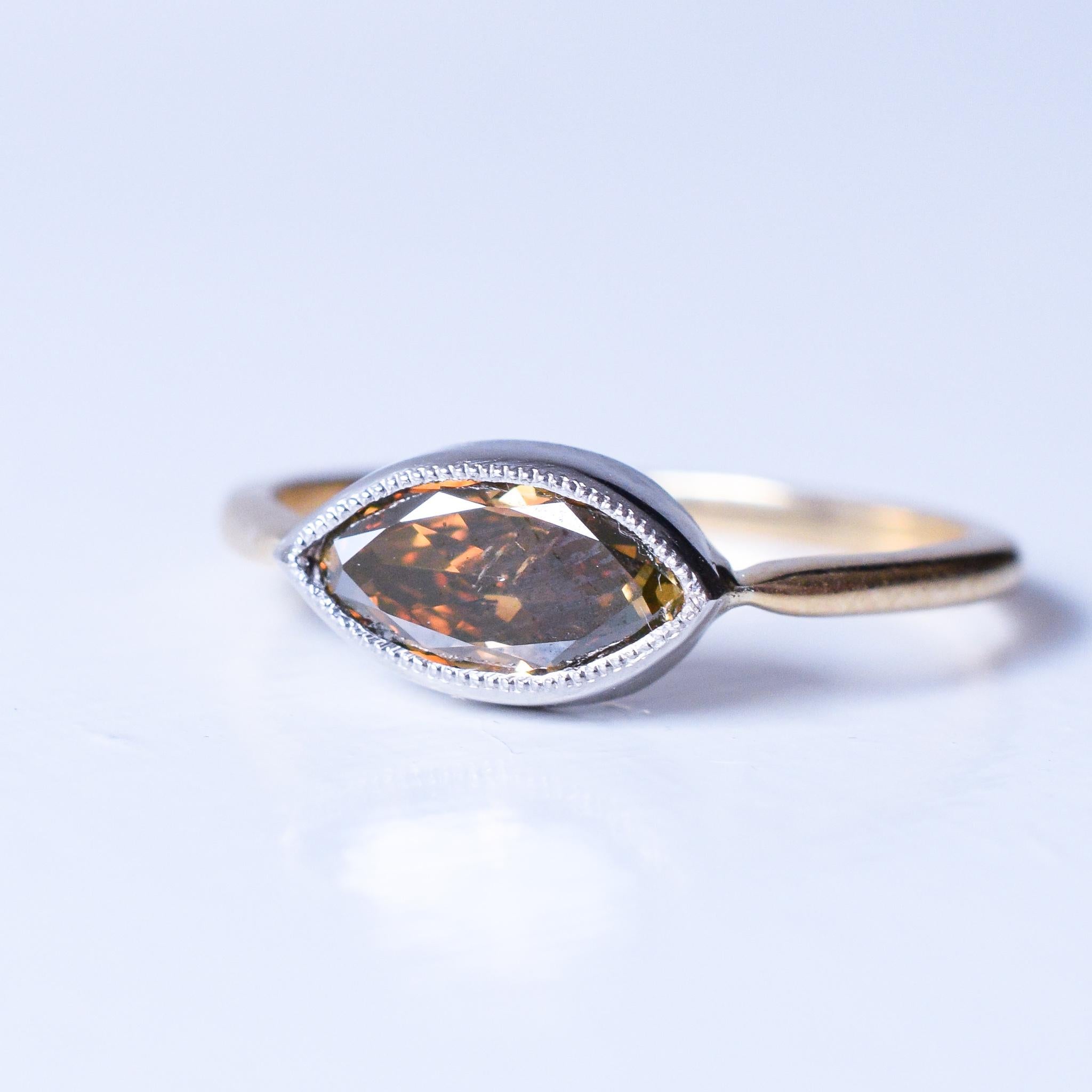 BL Bespoke 0.81 Carat Marquise Cognac Diamond Millegrain Ring In New Condition In Sale, Cheshire