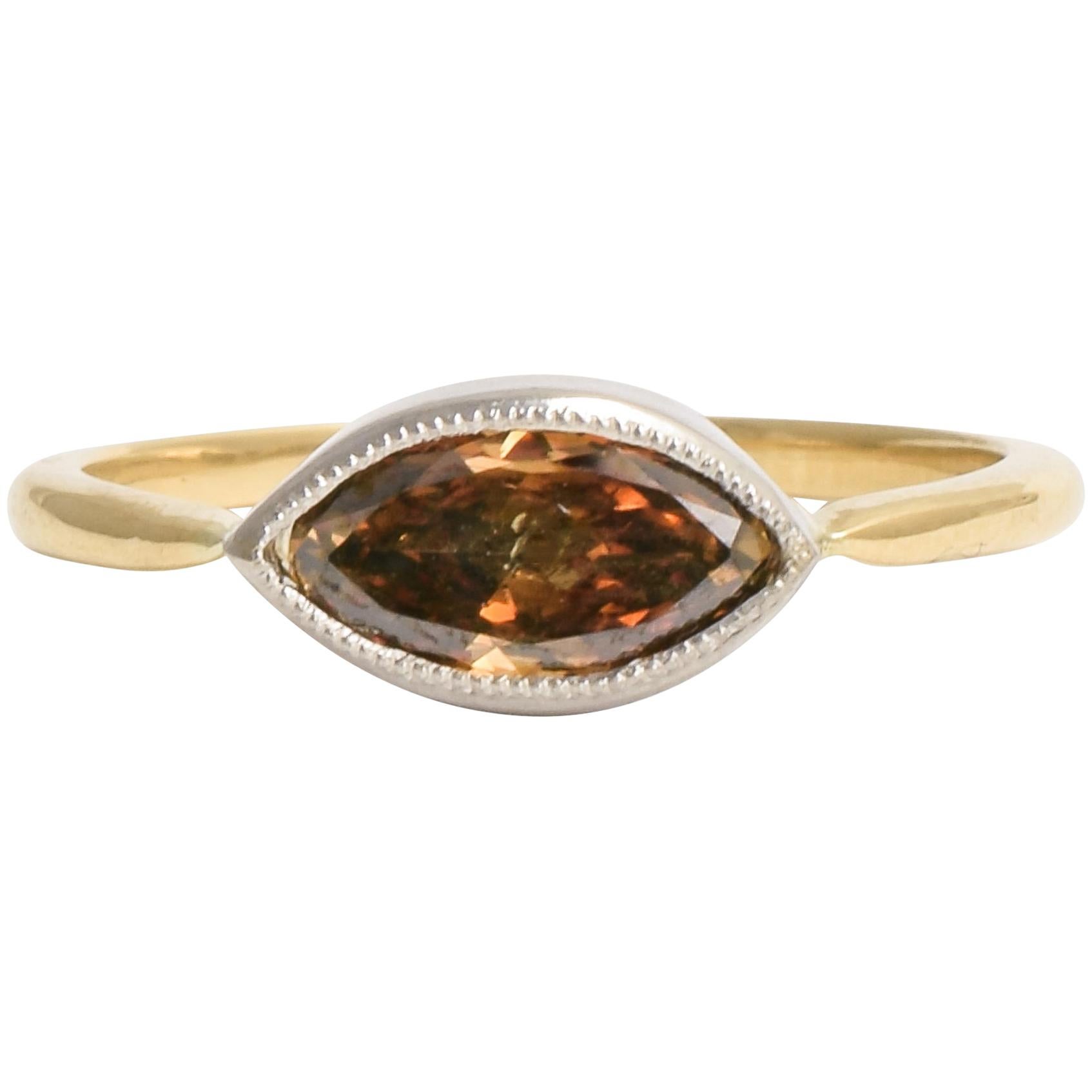 BL Bespoke 0.81 Carat Marquise Cognac Diamond Millegrain Ring