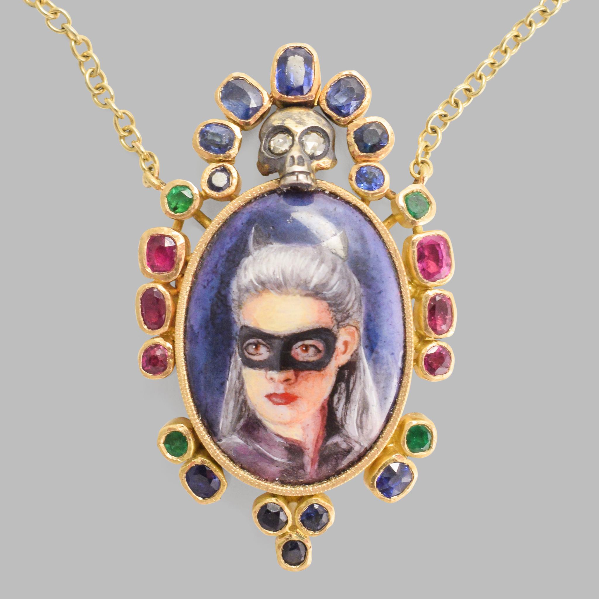 BL Bespoke Harlequin Masquerade Portrait Necklace In New Condition For Sale In Sale, Cheshire