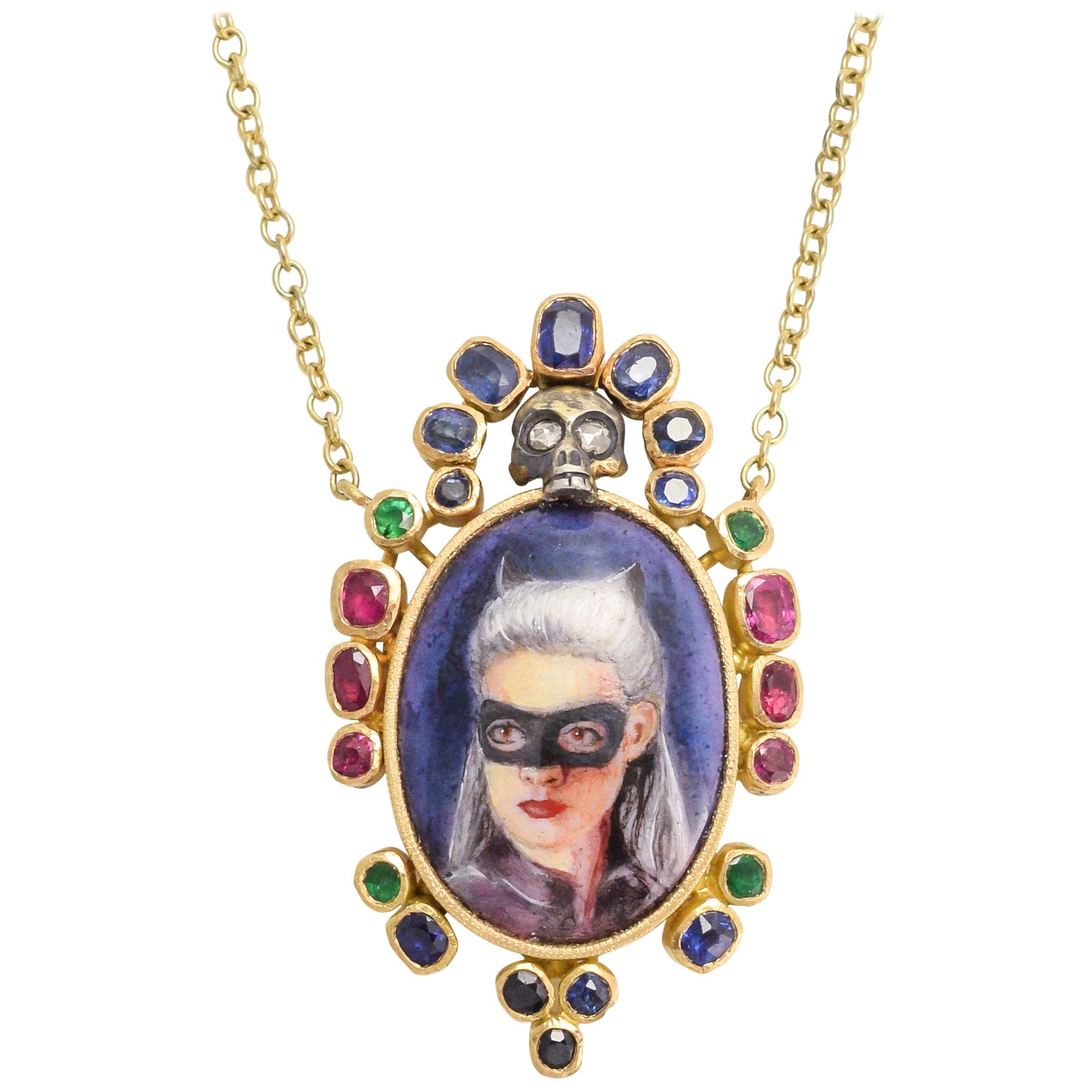 BL Bespoke Harlequin Masquerade Portrait Necklace For Sale