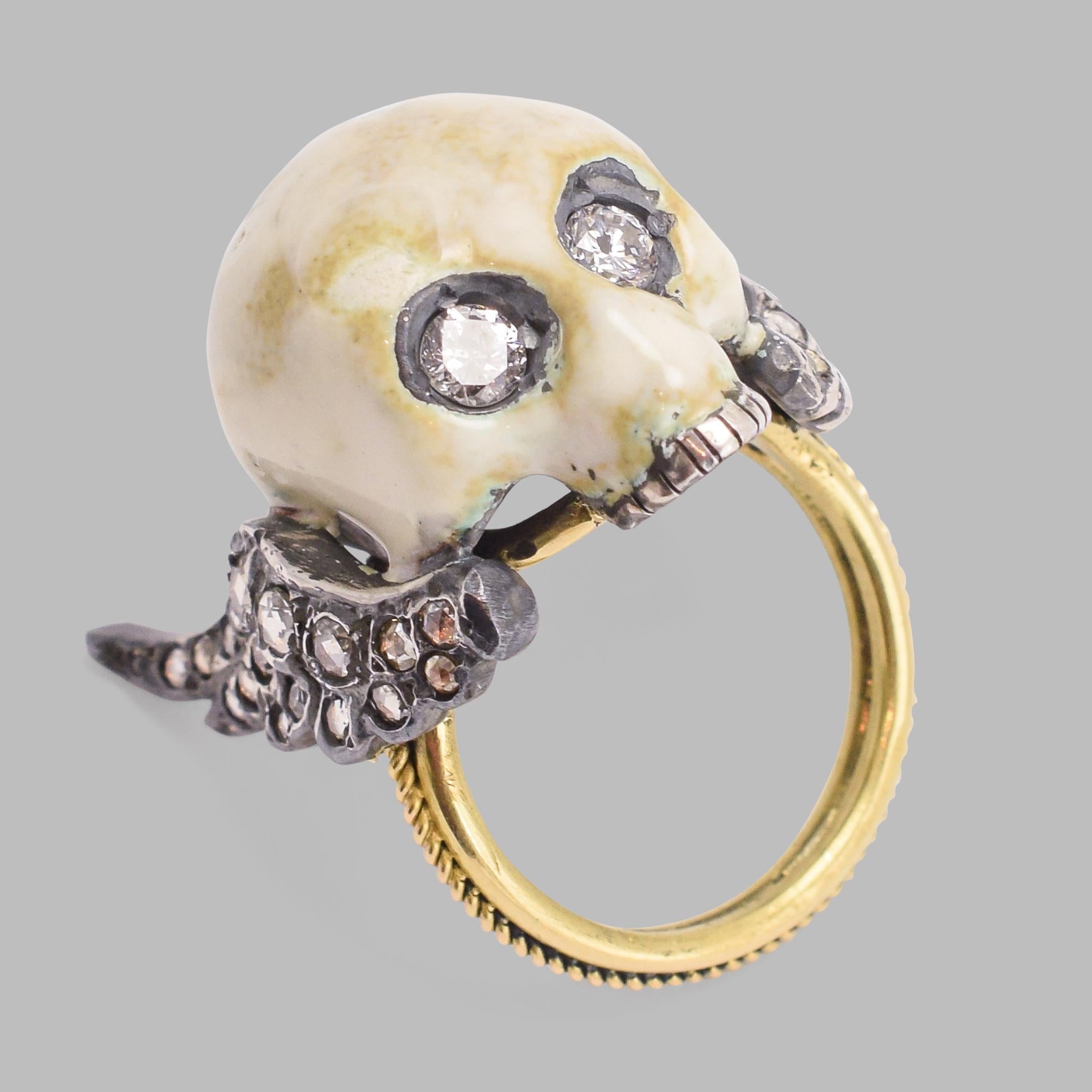 BL Bespoke Collection

Memento Mori - remember you will die. 

A spectacular statement piece crafted by Gaetano Chiavetta in his trademark style. This ring is modelled as a skull with diamond eyes, finished in a strikingly realistic white/yellow