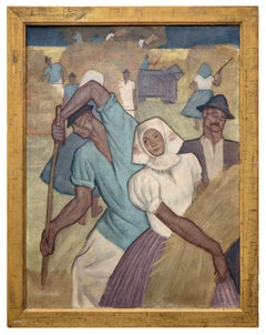 Hungarian Realist Art Deco painting of workers in the field