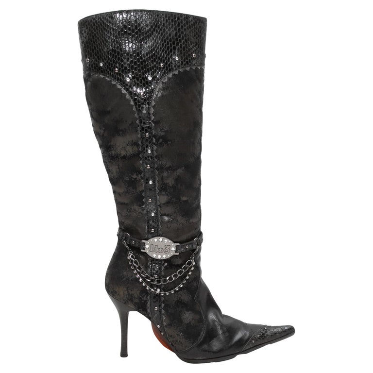 Black To Leather and Snakeskin Pointed-Toe Knee-High Boots