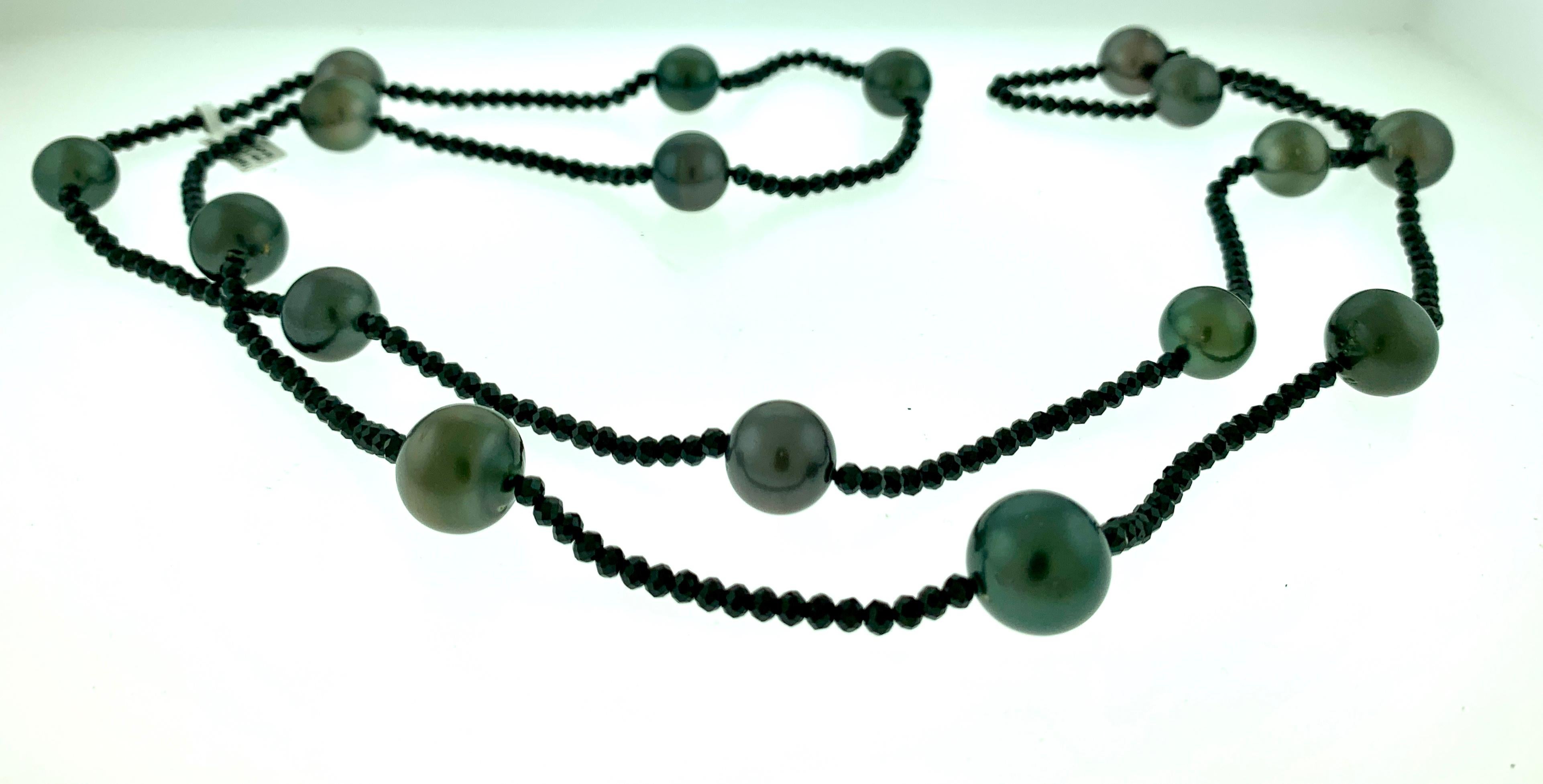 Black Tahitian Pearl Single Strand Necklace with Black Spinel, Opera Length 46