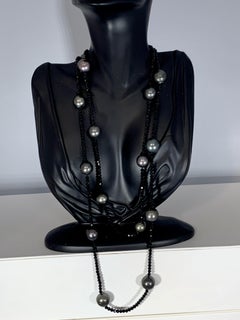 Black Tahitian Pearl Single Strand Necklace with Black Spinel, Opera Length 46"