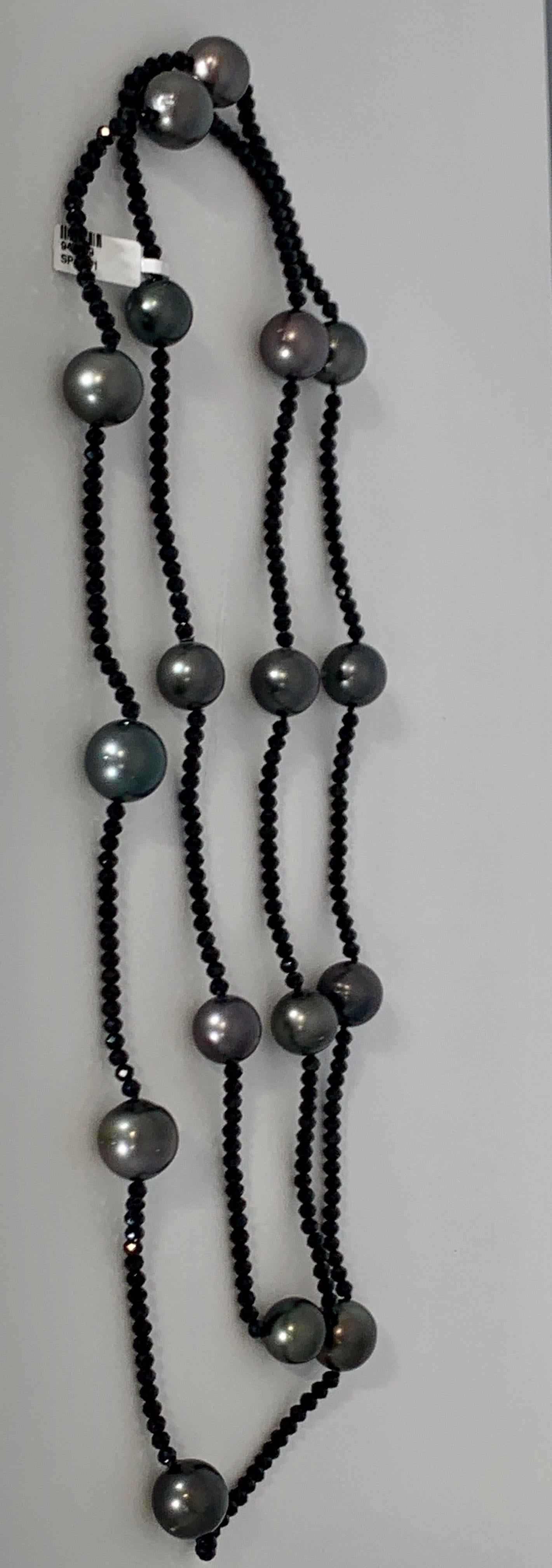 Round Cut Black Tahitian Pearl Single Strand Necklace with Black Spinel, Opera Length 46