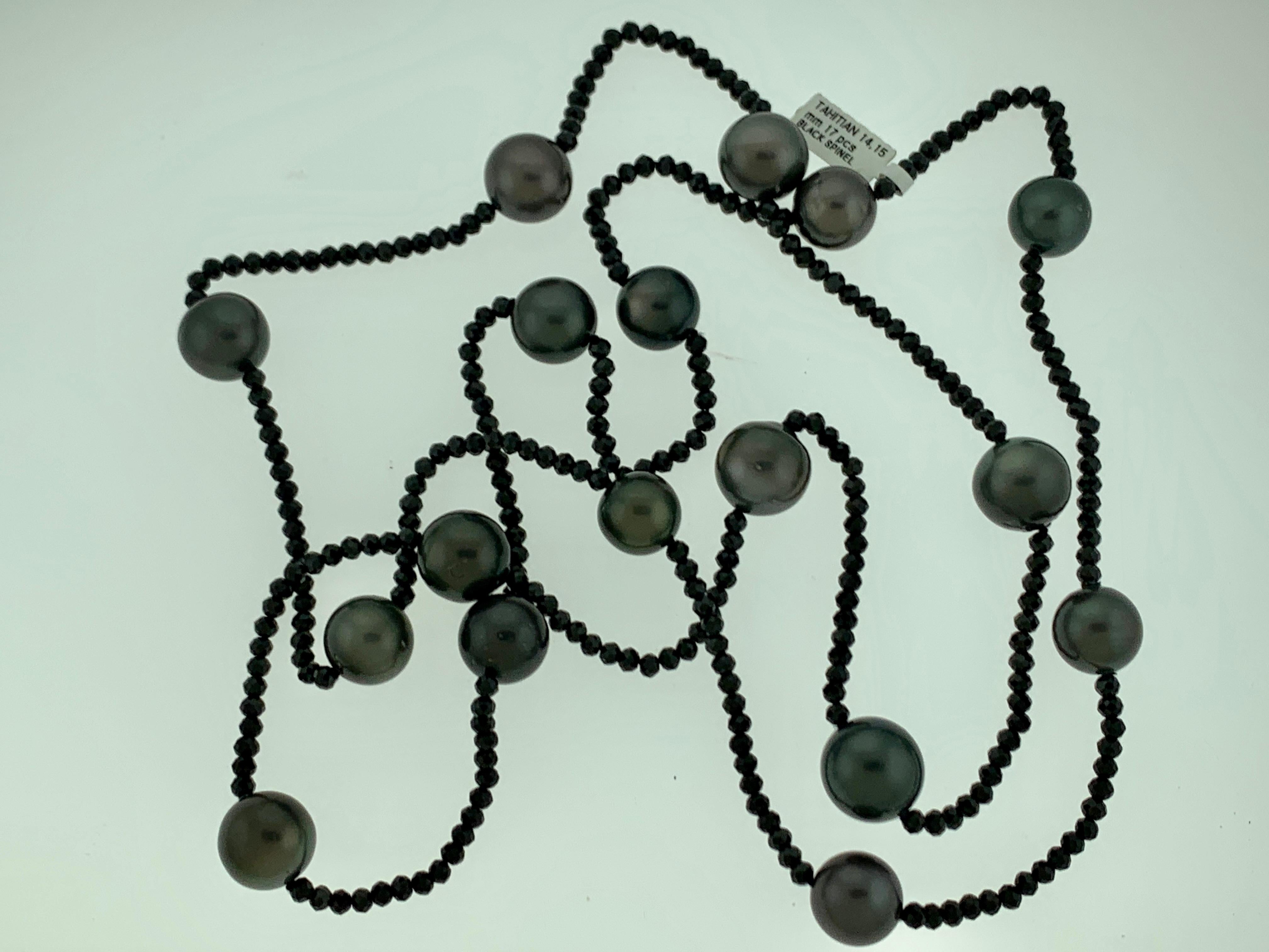 Black Tahitian Pearl Single Strand Necklace with Black Spinel, Opera Length 46