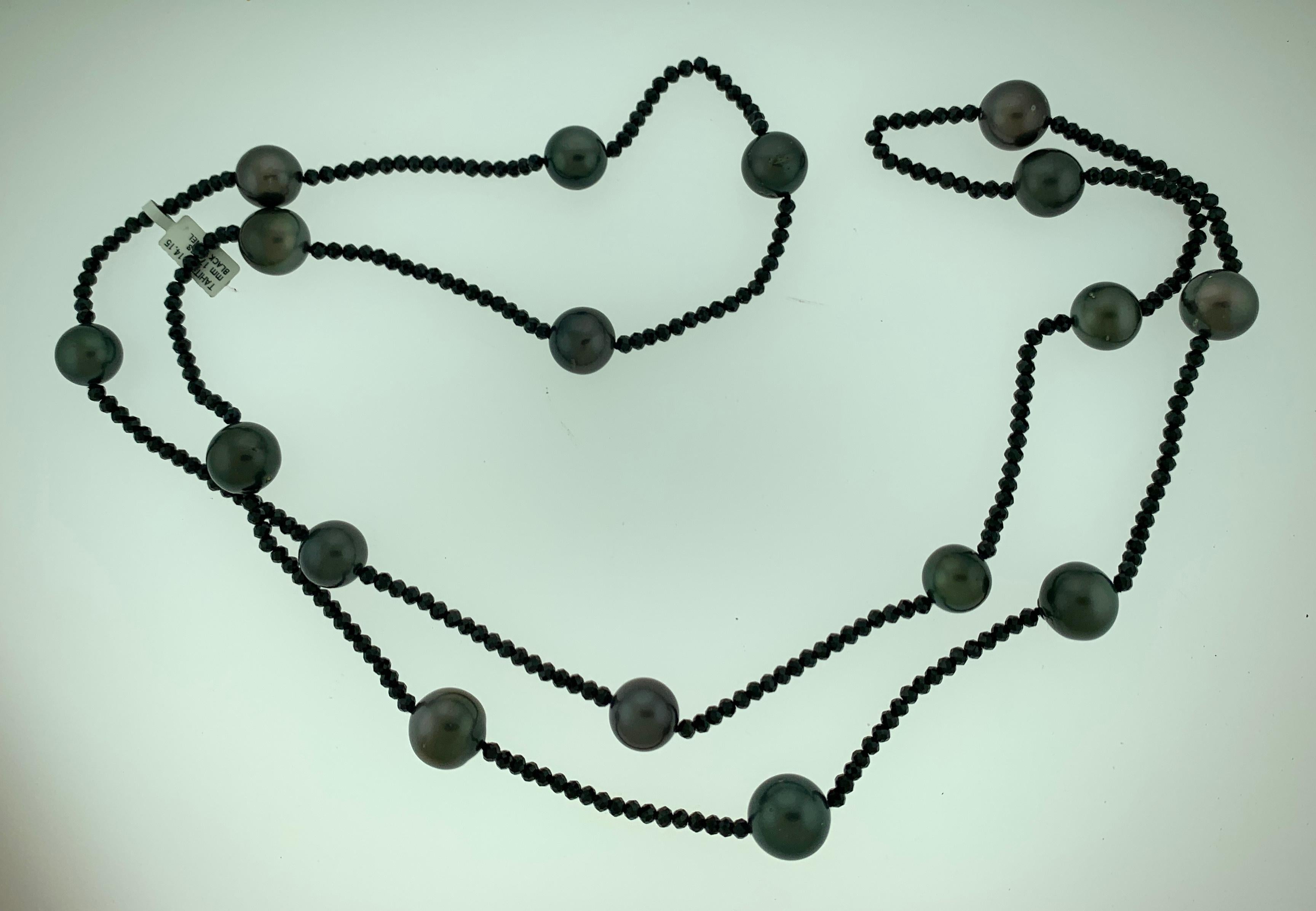 Women's Black Tahitian Pearl Single Strand Necklace with Black Spinel, Opera Length 46