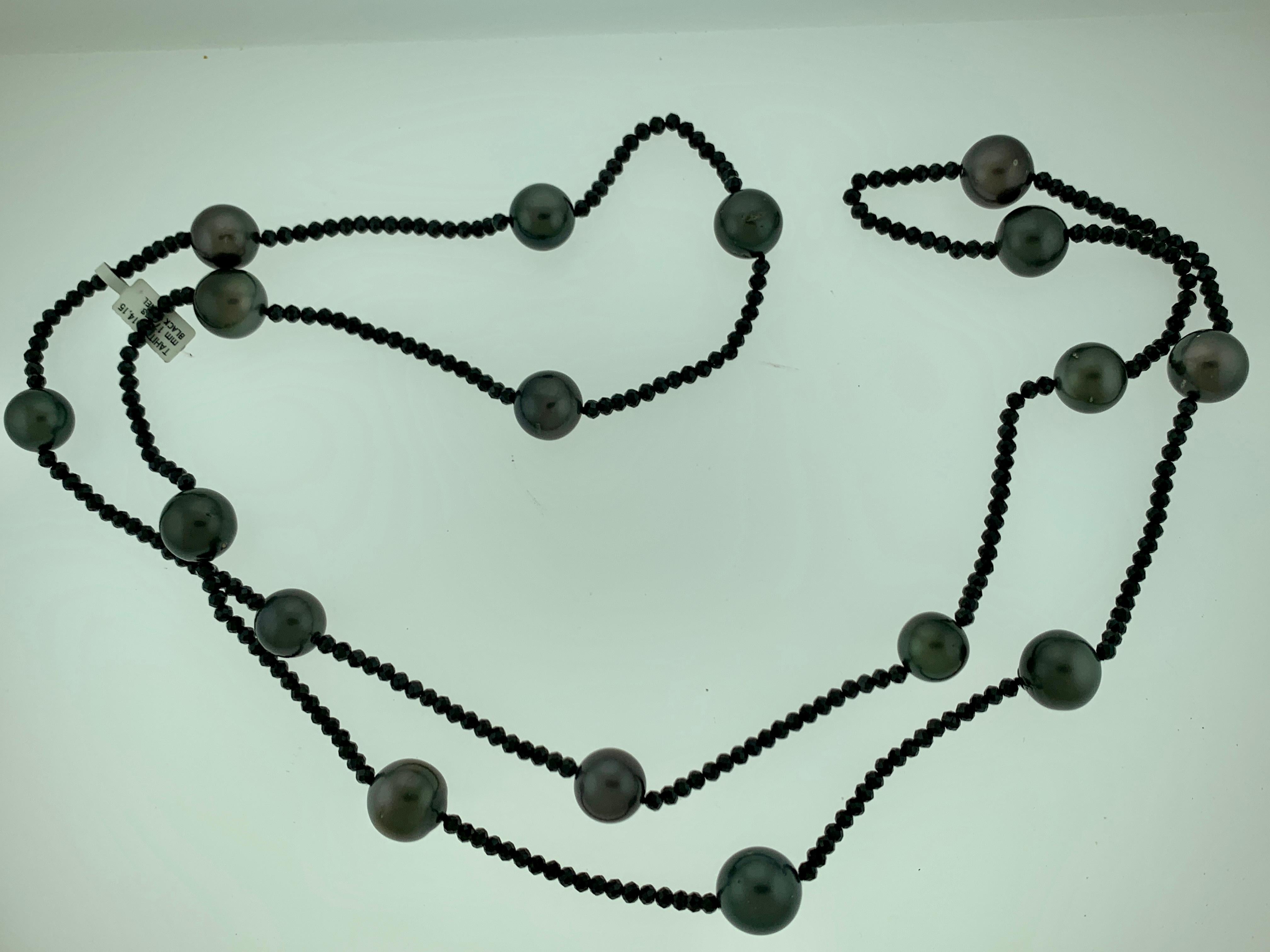 Black Tahitian Pearl Single Strand Necklace with Black Spinel, Opera Length 46