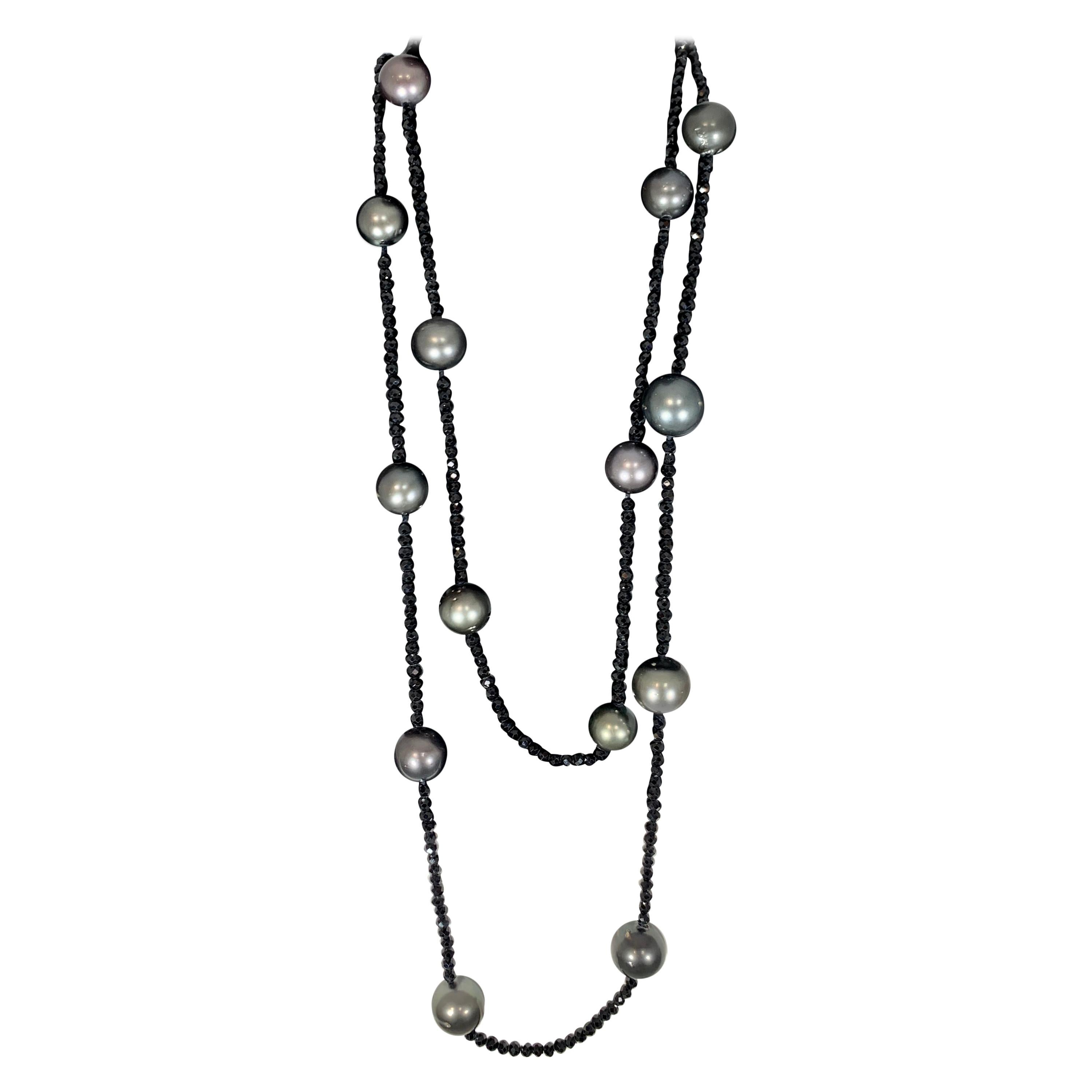 Black Tahitian Pearl Single Strand Necklace with Black Spinel, Opera Length 46" For Sale