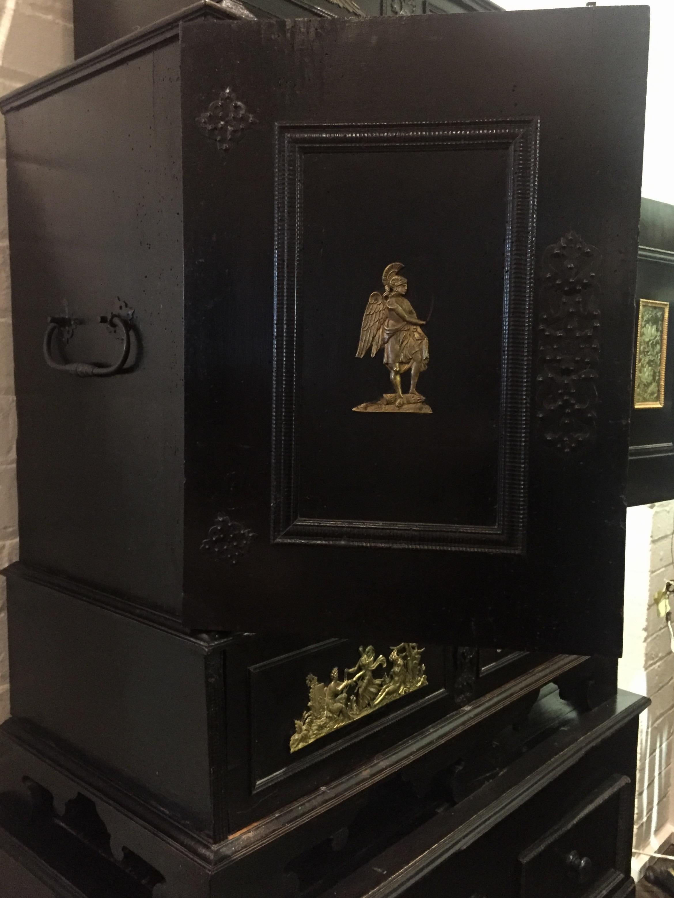 Baroque A Black 18th Century Flemish Ebonized Cabinet on Stand with Brass Ornamentation For Sale