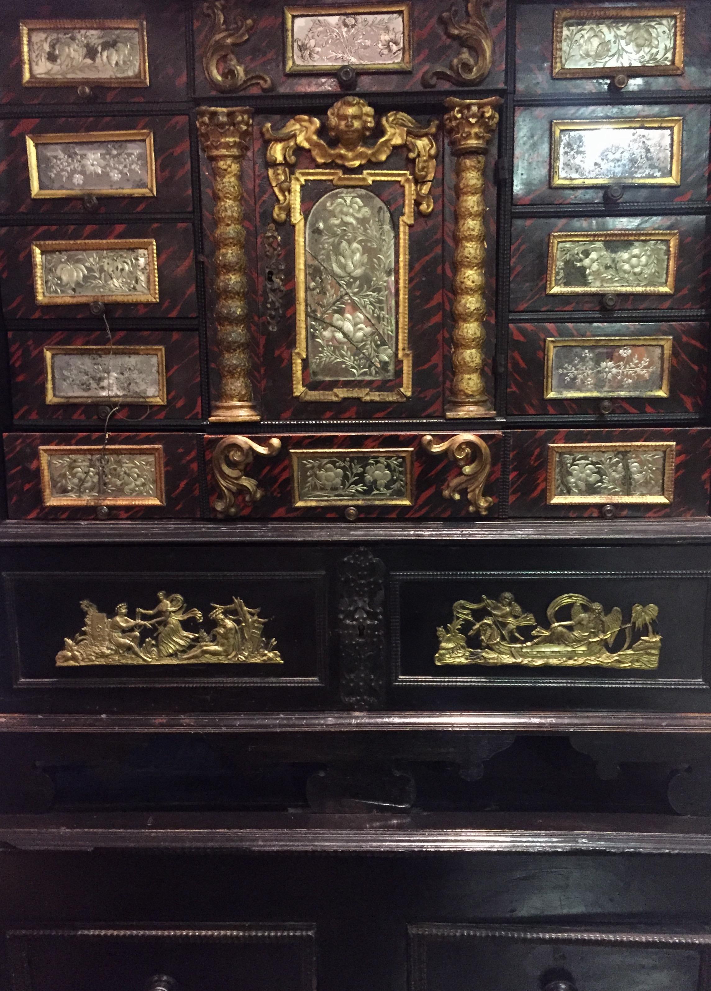 Belgian A Black 18th Century Flemish Ebonized Cabinet on Stand with Brass Ornamentation For Sale