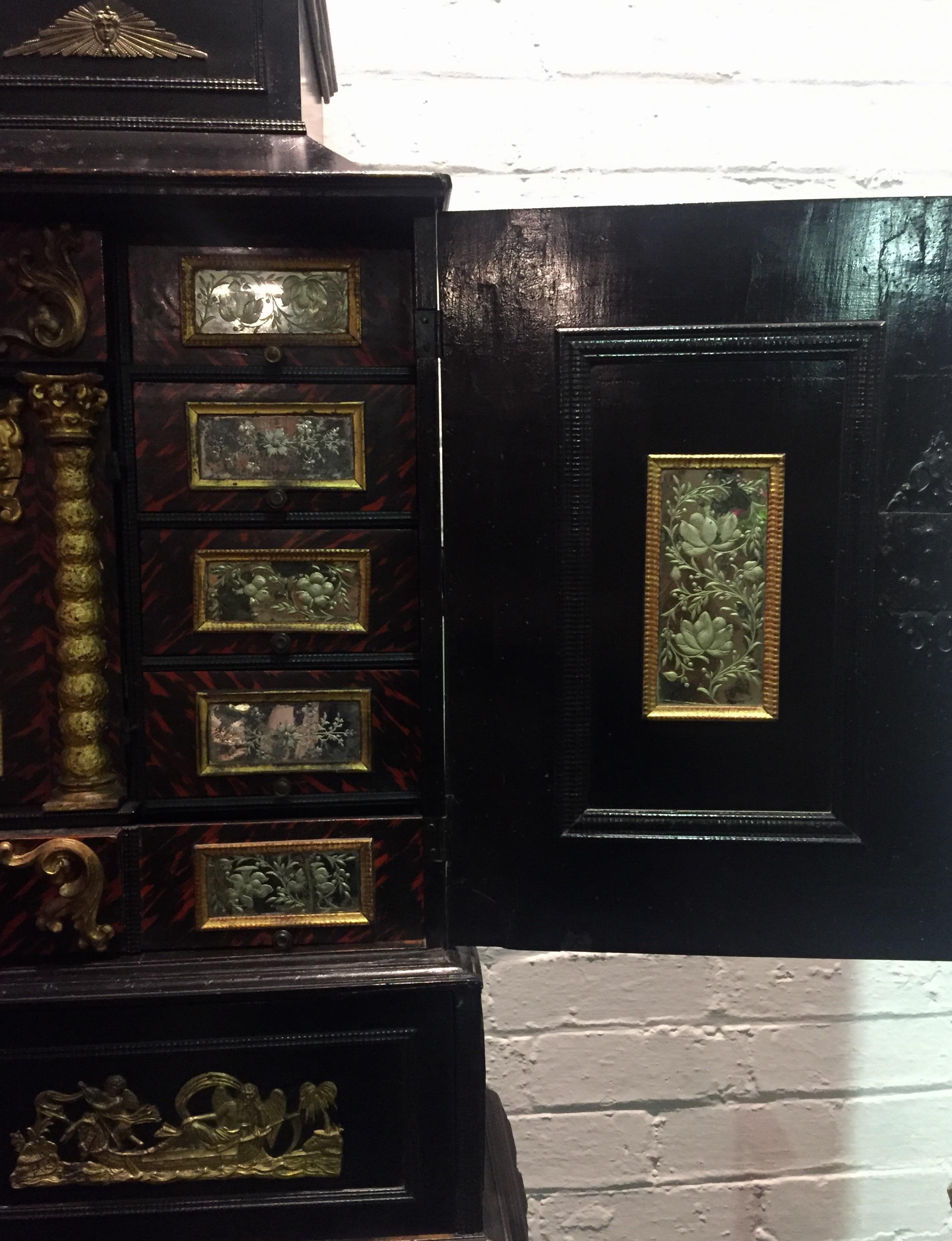A Black 18th Century Flemish Ebonized Cabinet on Stand with Brass Ornamentation In Good Condition For Sale In Armadale, Victoria