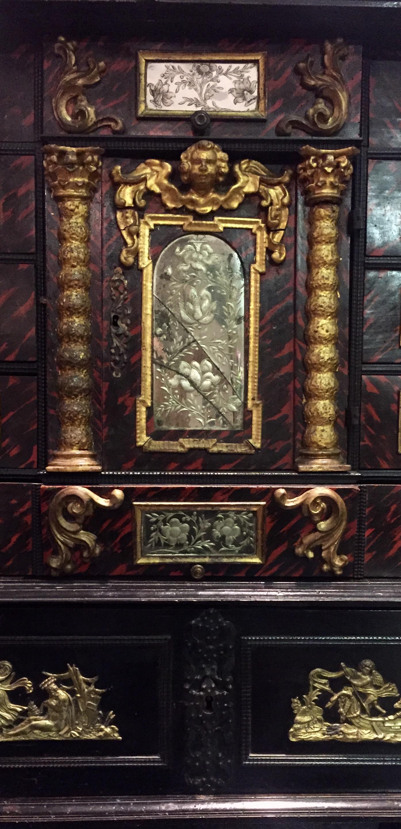 18th Century and Earlier A Black 18th Century Flemish Ebonized Cabinet on Stand with Brass Ornamentation For Sale