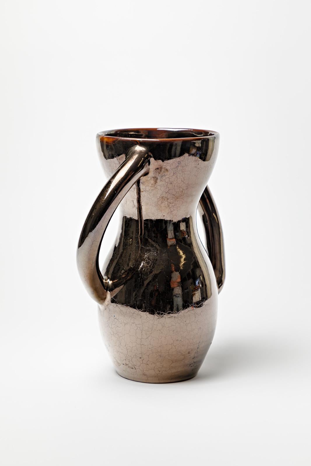 Mid-Century Modern Black 20th century design ceramic vase Vallauris circa 1950 30cm unique piece For Sale