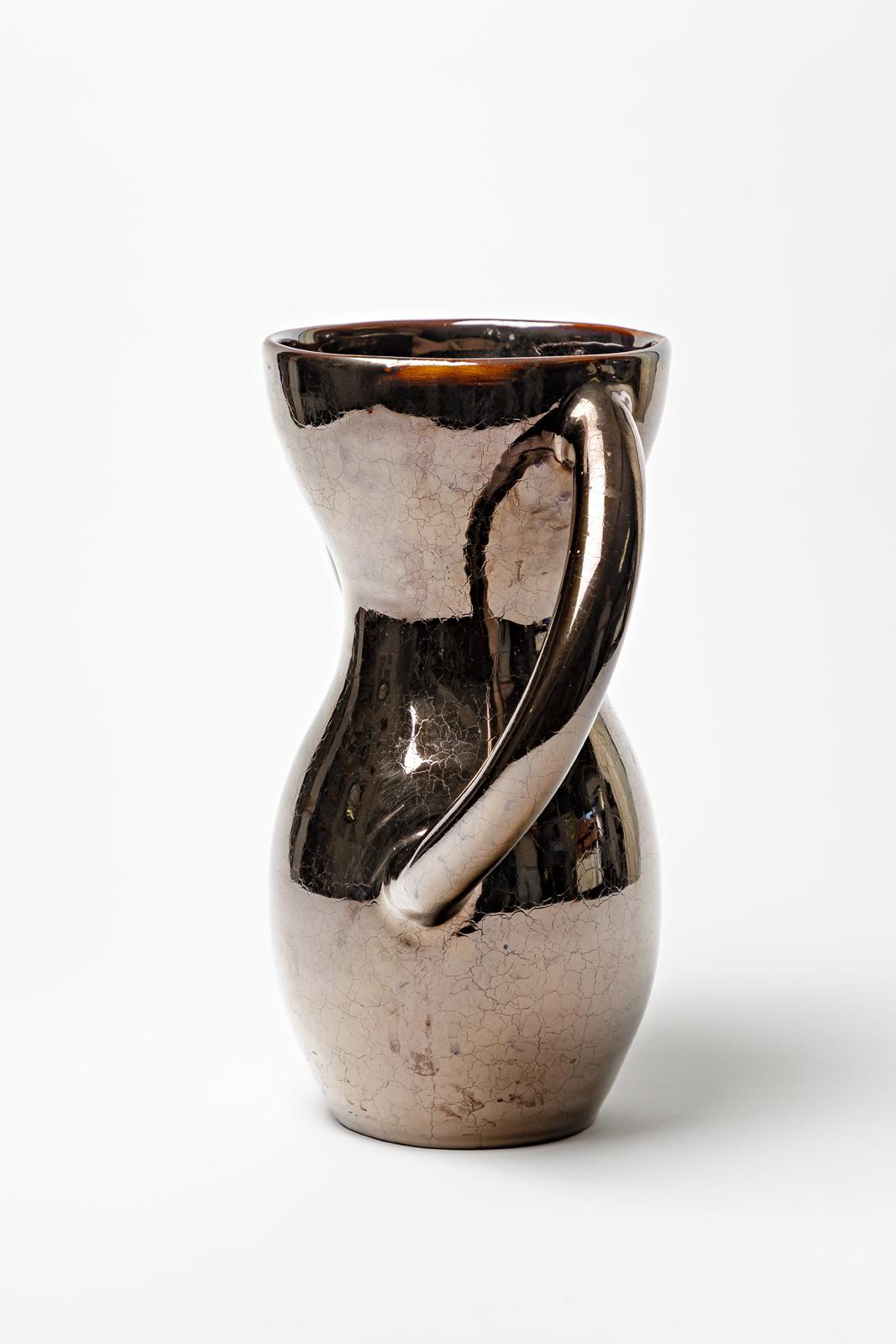 French Black 20th century design ceramic vase Vallauris circa 1950 30cm unique piece For Sale