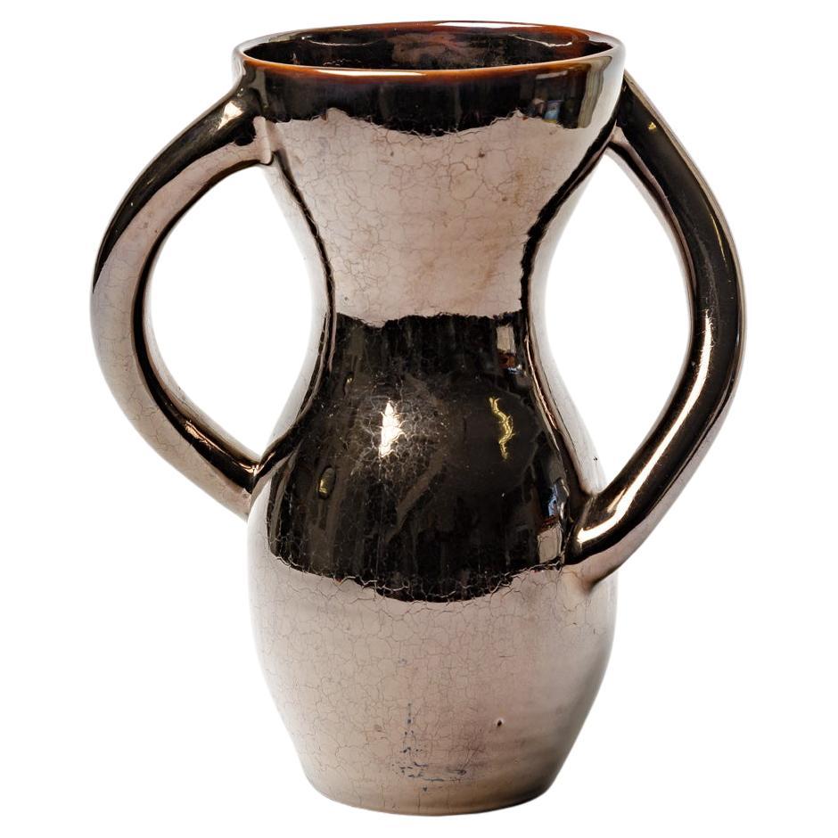 Black 20th century design ceramic vase Vallauris circa 1950 30cm unique piece For Sale