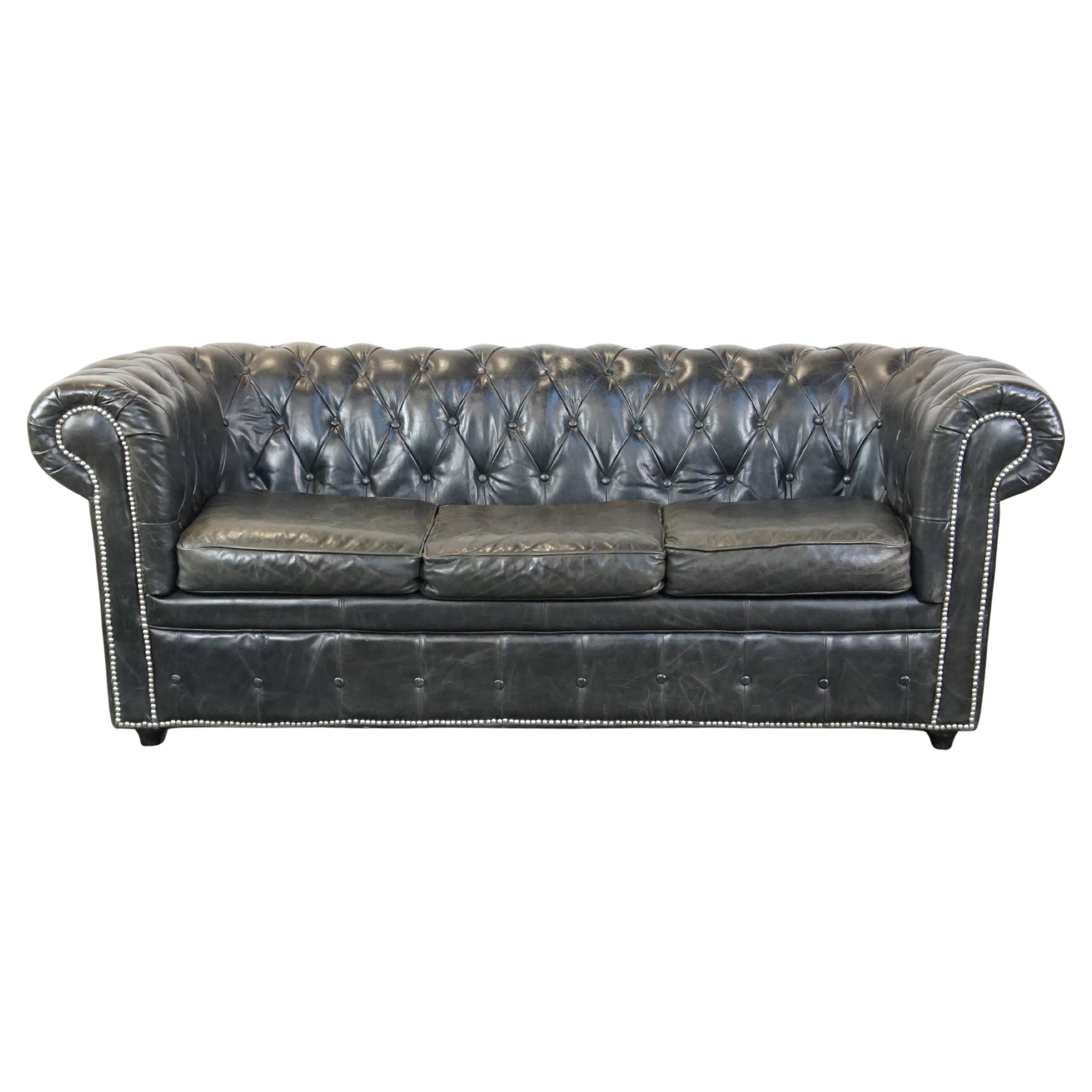 Black 2.5-seater cowhide leather English chesterfield sofa with charming details