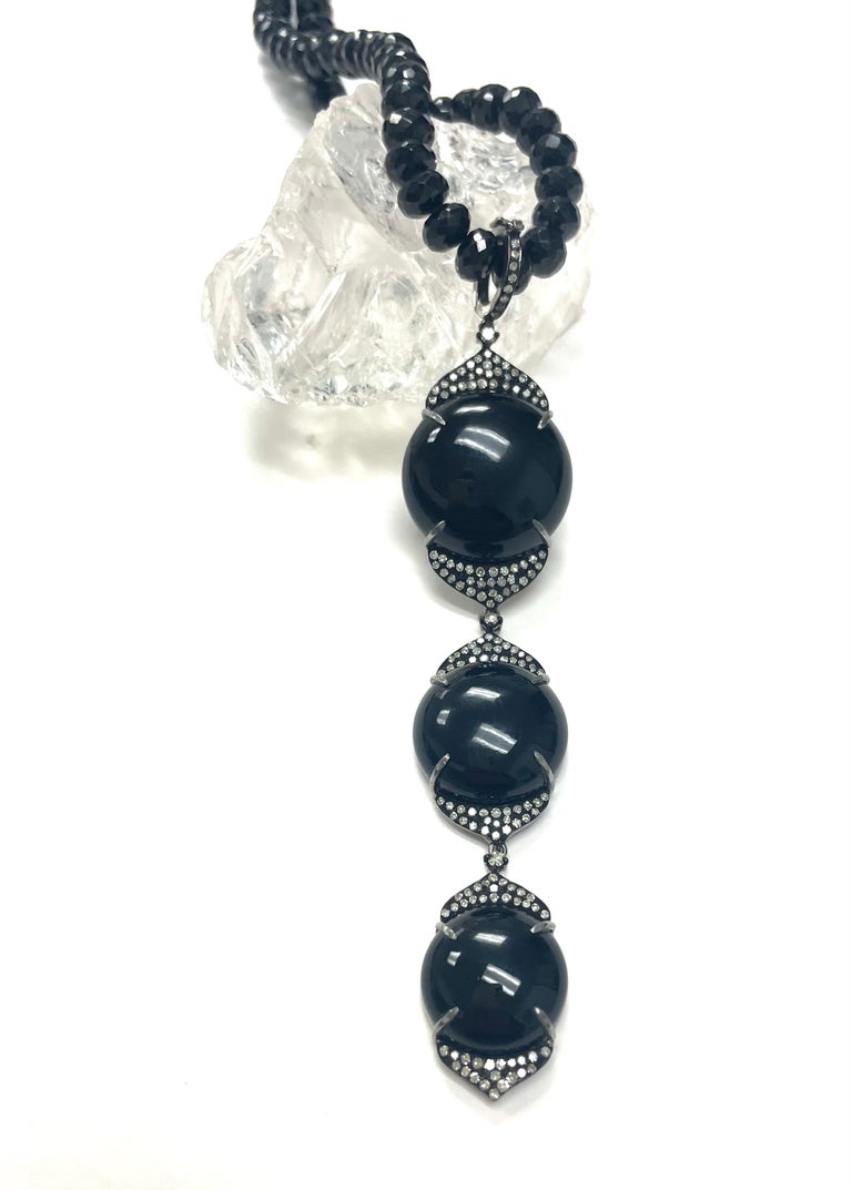 Black 3 Drop Onyx Pendant with Diamonds and Spinel Necklace For Sale at