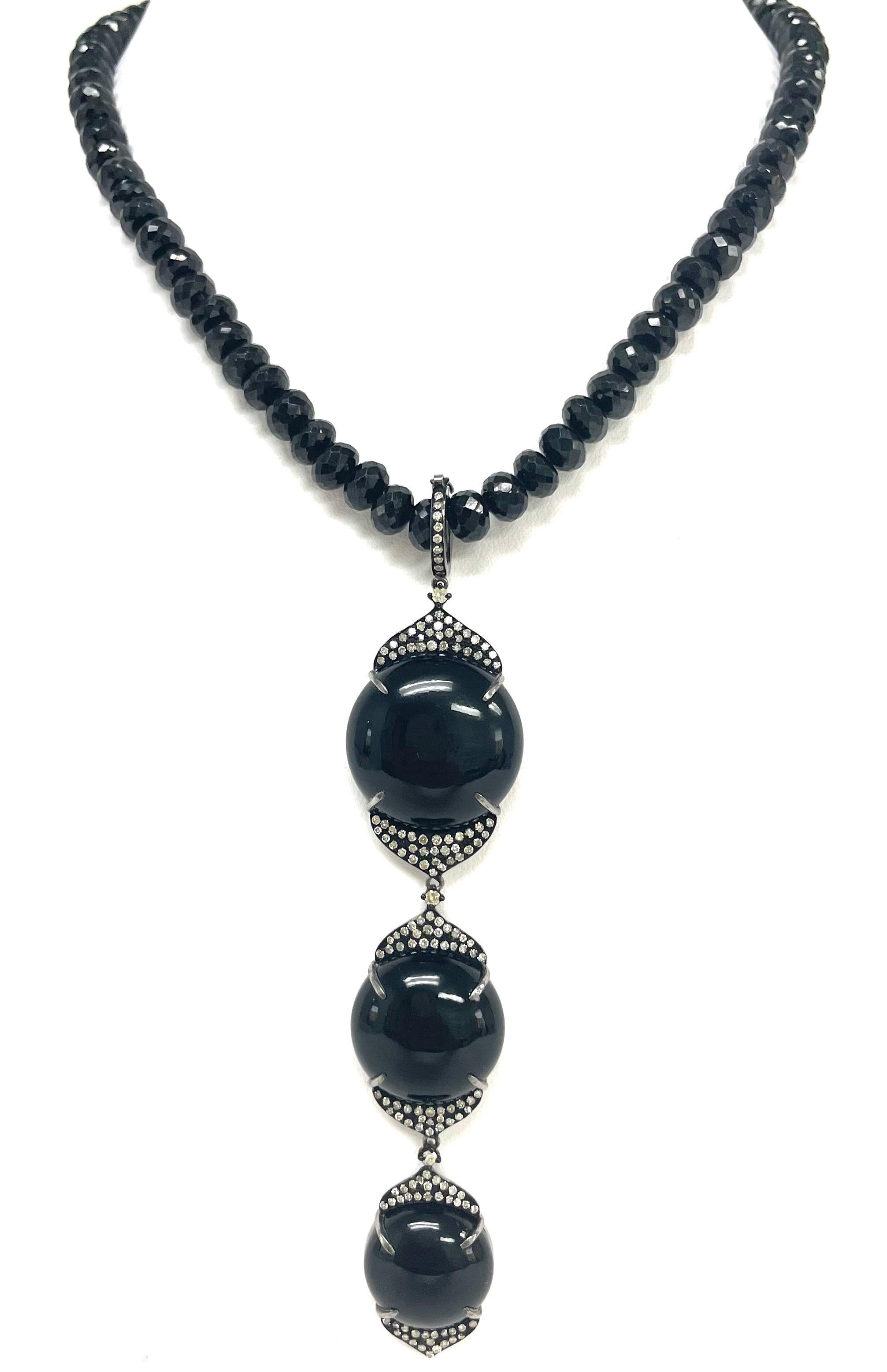 Artisan Black 3 Drop Onyx Pendant with Diamonds and Spinel Necklace For Sale