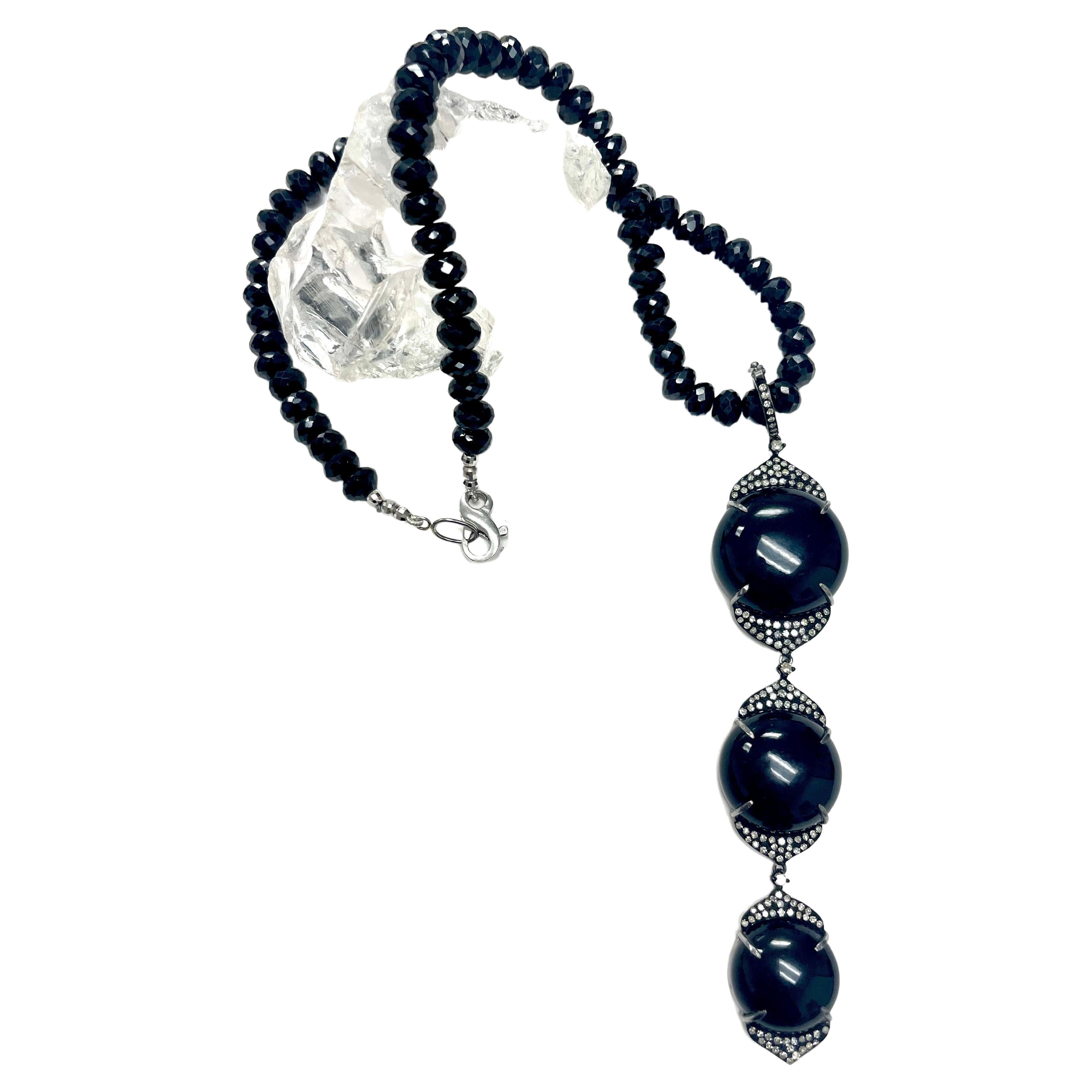 Bead Black 3 Drop Onyx Pendant with Diamonds and Spinel Necklace For Sale
