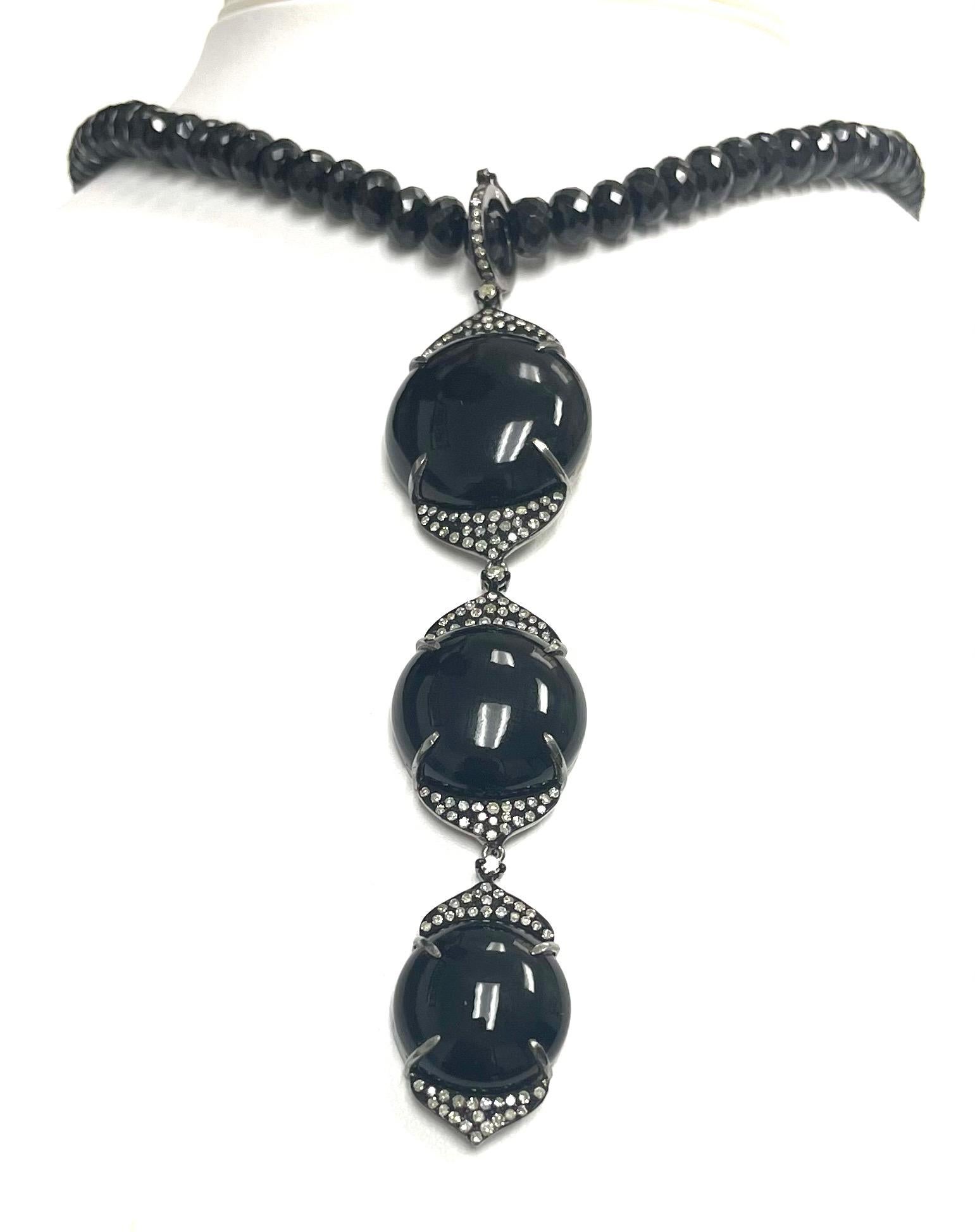 Black 3 Drop Onyx Pendant with Diamonds and Spinel Necklace In New Condition For Sale In Laguna Beach, CA