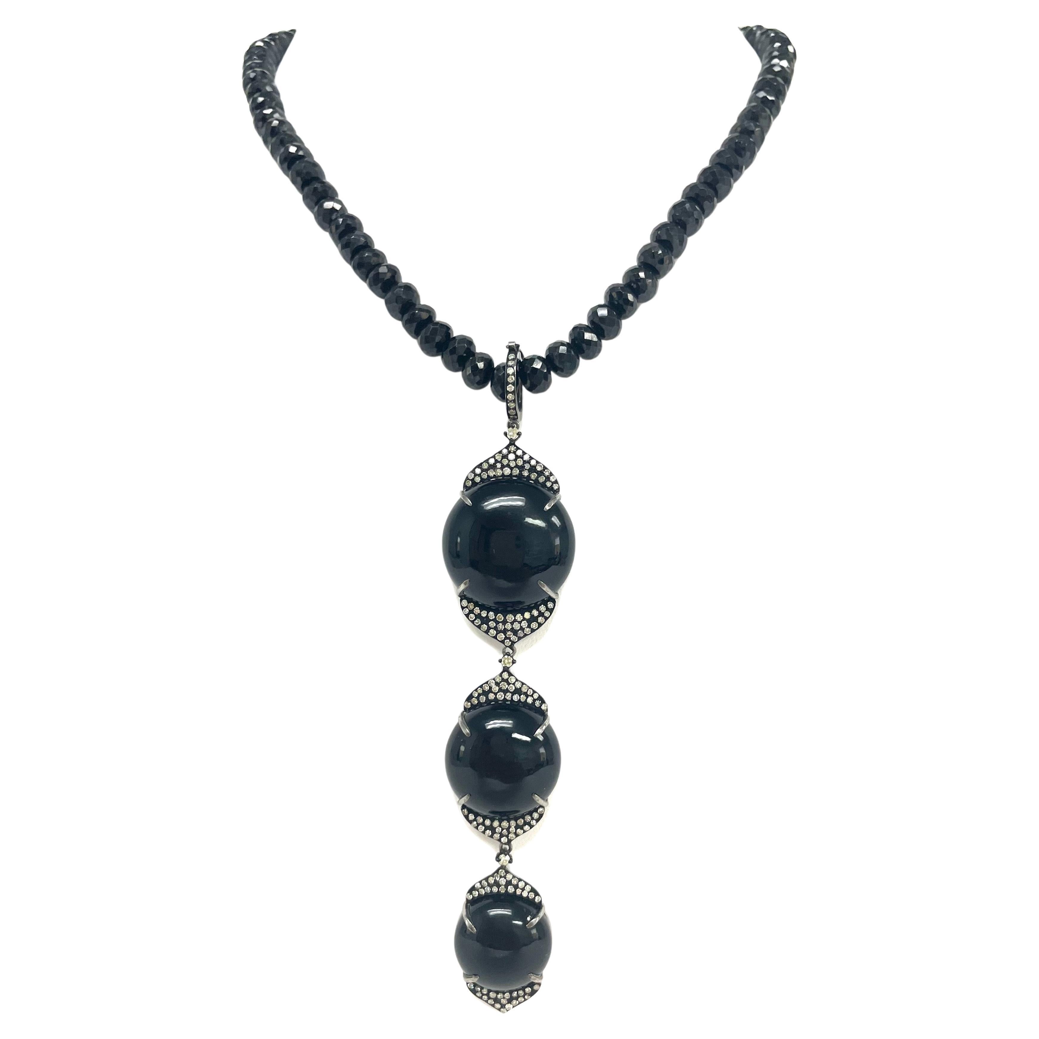 Black 3 Drop Onyx Pendant with Diamonds and Spinel Necklace For Sale