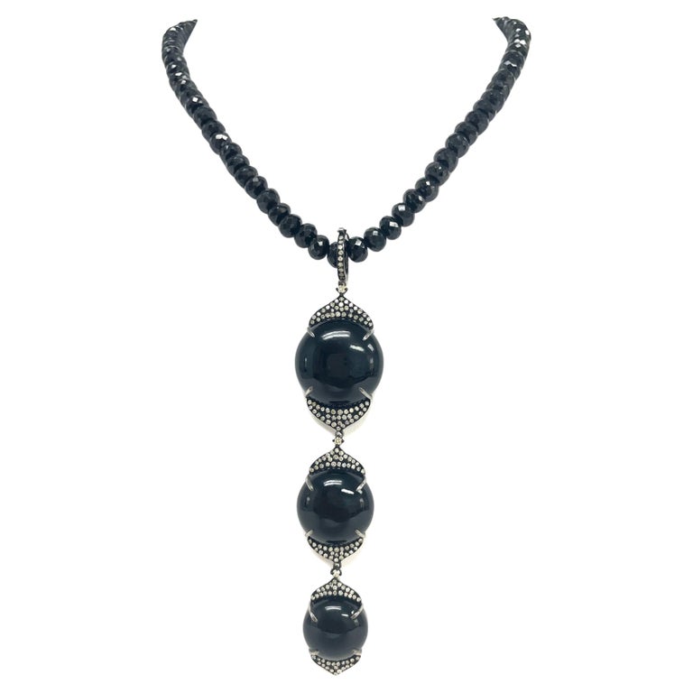 Black 3 Drop Onyx Pendant with Diamonds and Spinel Necklace For Sale at