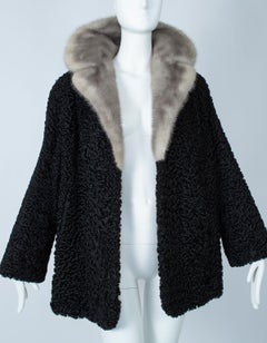 Black A-Line Astrakhan Fur Jacket with Silver Mink Collar – Large, 1950s