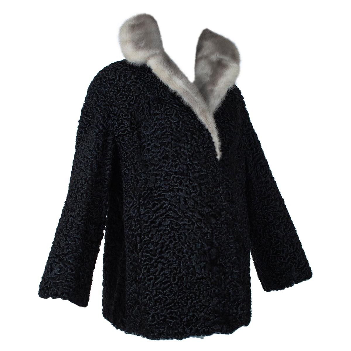 Black A-Line Astrakhan Fur Jacket with Silver Mink Collar – Large, 1950s