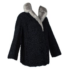 Retro Black A-Line Astrakhan Fur Jacket with Silver Mink Collar – Large, 1950s