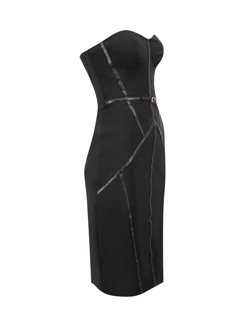 CONDITION is Good. Minor wear to dress is evident. Light wear to the underarm lining with the boning poking through the seam. There is a pull to the weave at the front and puckering to the faux-leather trim on this used Elisabetta Franchi designer
