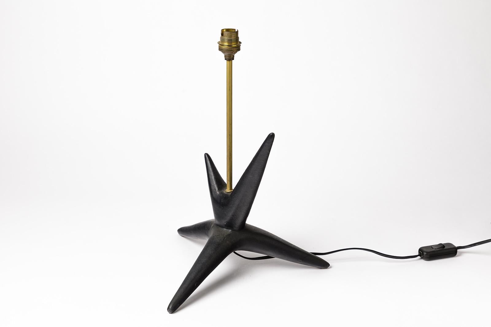 Black Abstract Ceramic Sculpture Table Lamp circa 1950 French Design 1