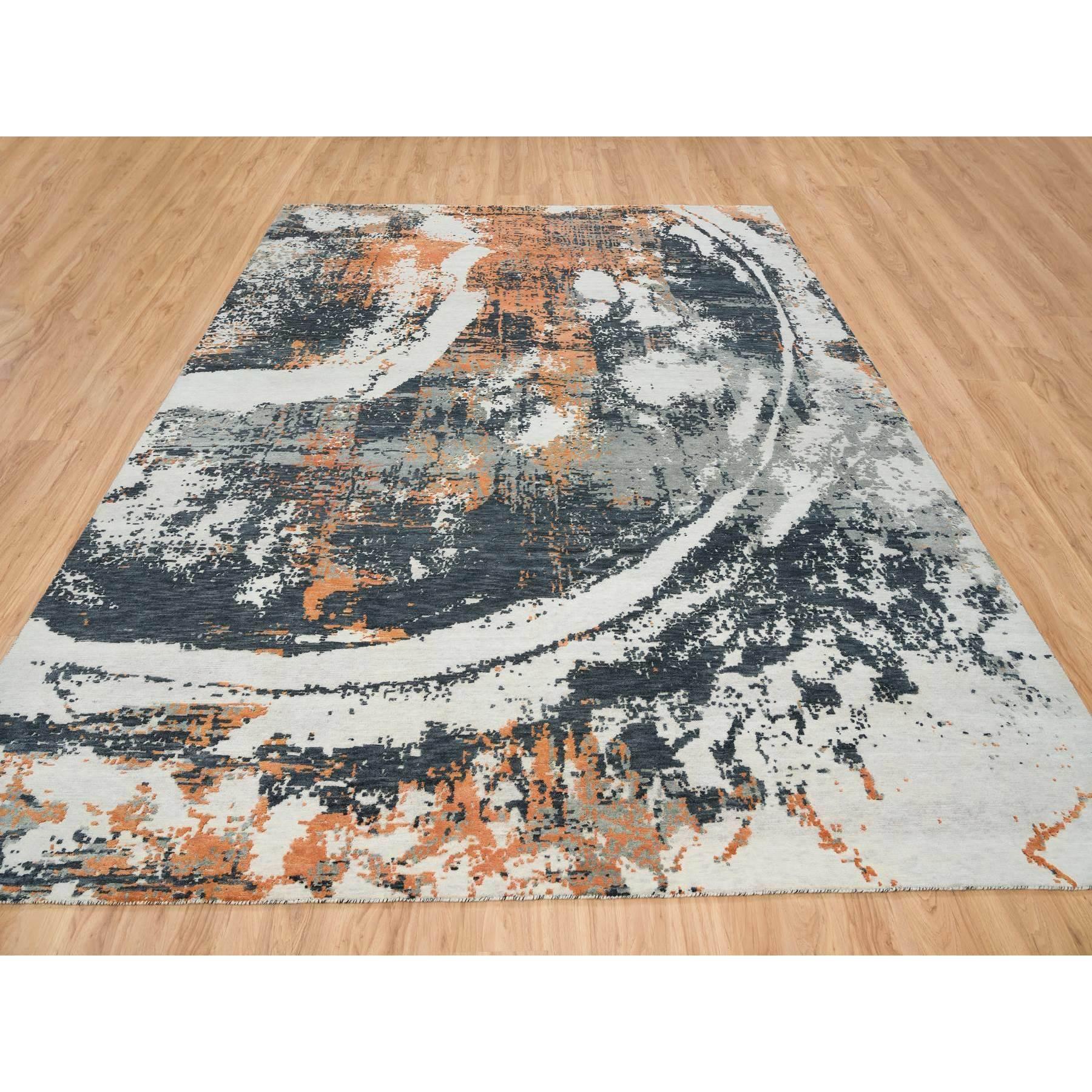 Moderno Tappeto nero astratto con motivo curvilineo in lana annodato a mano 9'3